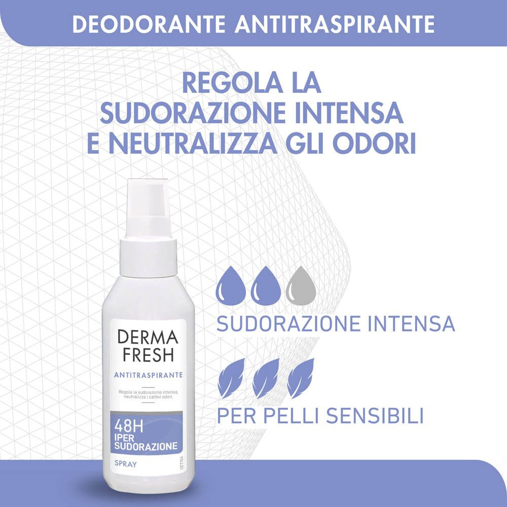 Flacone spray. Testo: Regola la sudorazione intensa e neutralizza gli odori. Per pelli sensibili.