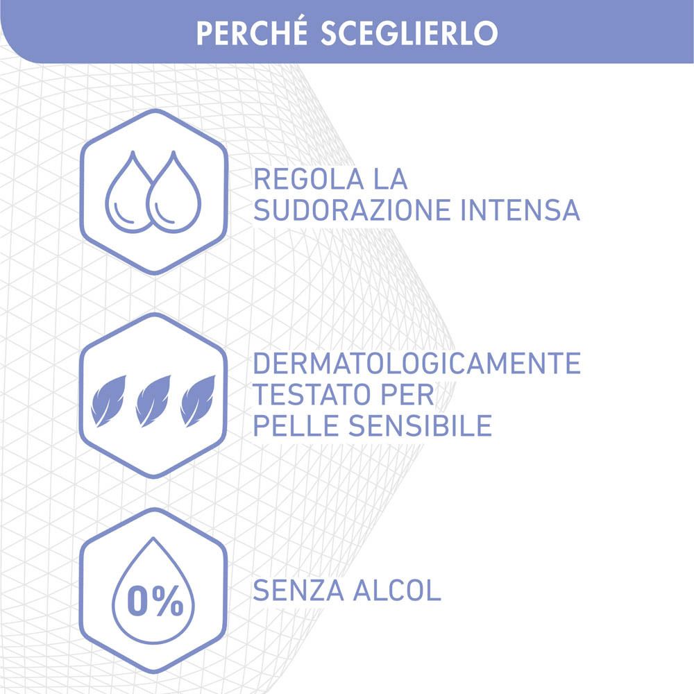 Testo: Regola la sudorazione intensa, dermatologicamente testato, senza alcool.