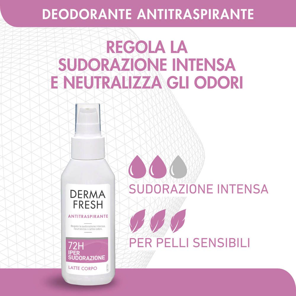 Prodotto Dermafresh bianco. Testo: Antitraspirante, 72H Ipersudorazione, Latte Corpo. Regola la sudorazione, neutralizza gli odori.