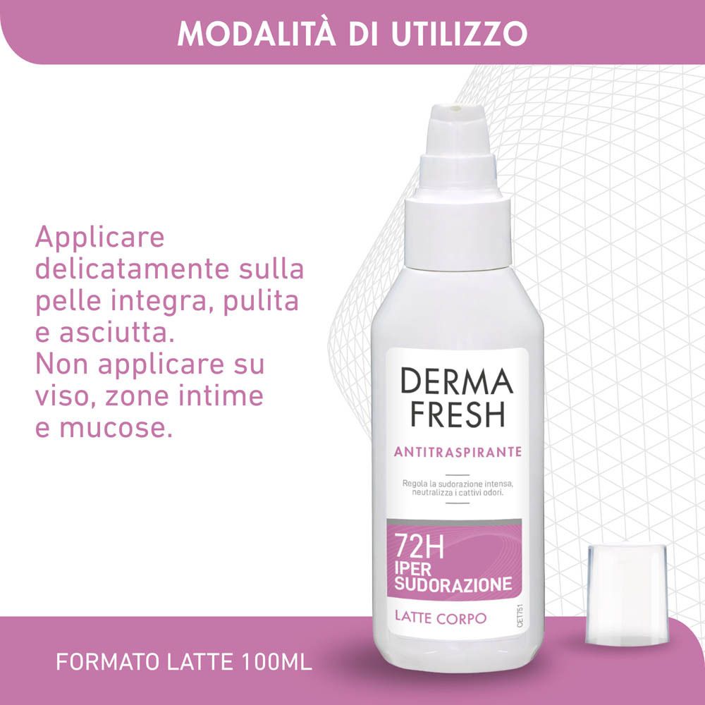 Prodotto Dermafresh bianco. Testo: Antitraspirante, 72H Ipersudorazione, Latte Corpo. Modalità d'uso.