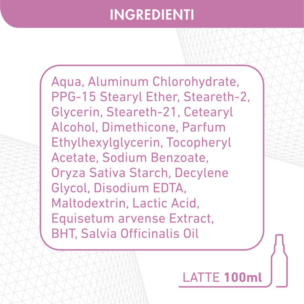 Testo con ingredienti del prodotto. Testo: Aqua, Cloridrato di alluminio, ecc. Latte 100ml.