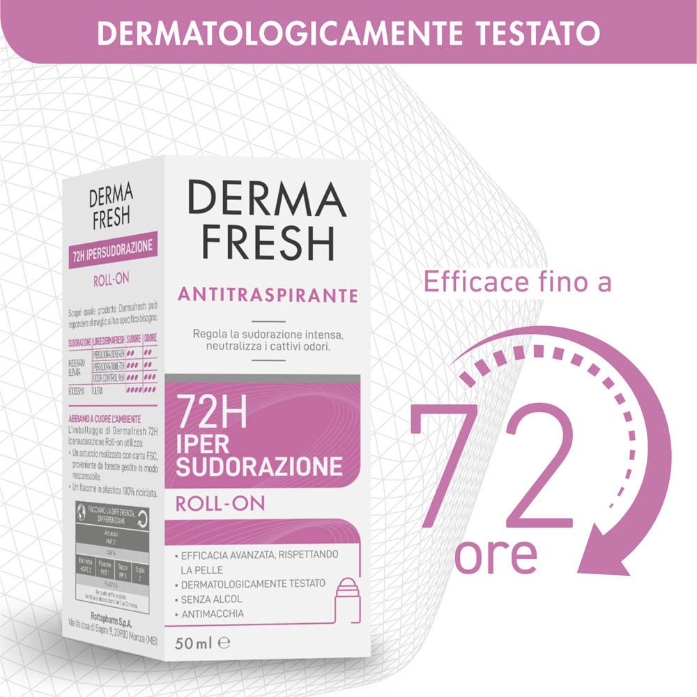 Deodorante roll-on Dermafresh. Antitraspirante. Efficace 72 ore. Dermatologicamente testato. Senza alcool.