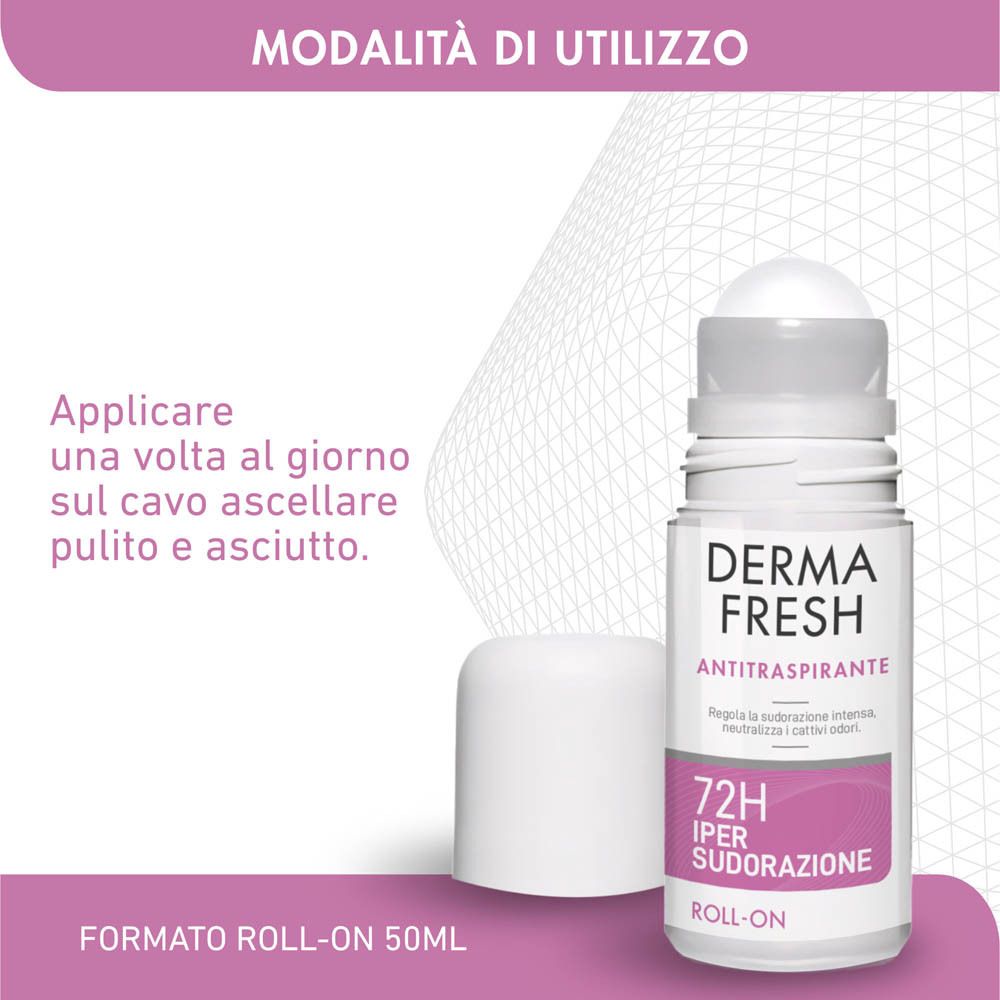 Deodorante roll-on. Applicare su pelle pulita e asciutta. Marca: Dermafresh. 72H Iper Sudorazione.