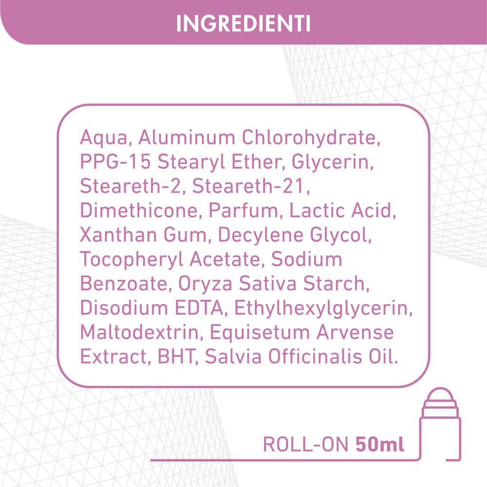 Deodorante roll-on. Ingredienti: Aqua, Aluminum Chlorohydrate, etc. Marca: Dermafresh. 50ml.
