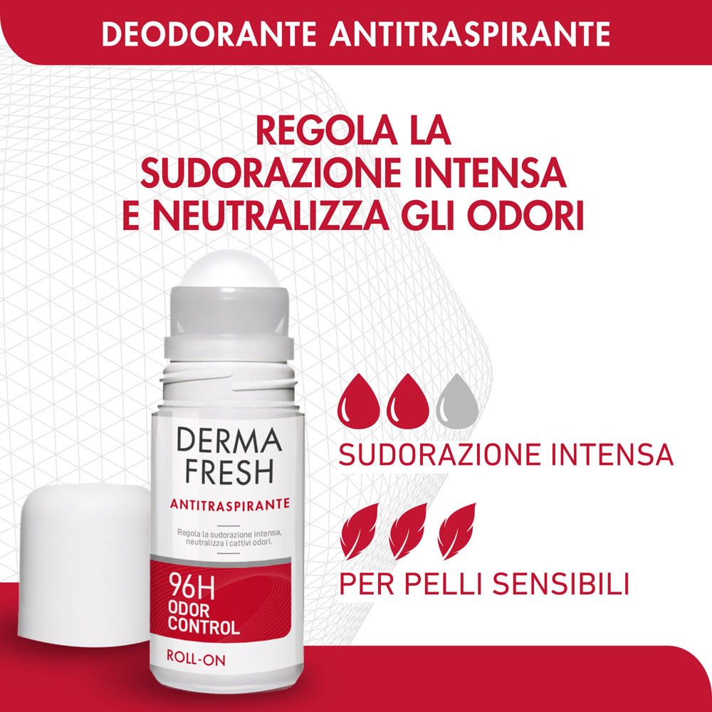 Deodorante roll-on con grafica rossa. Testo: Regola la sudorazione intensa e neutralizza gli odori. Per pelli sensibili.