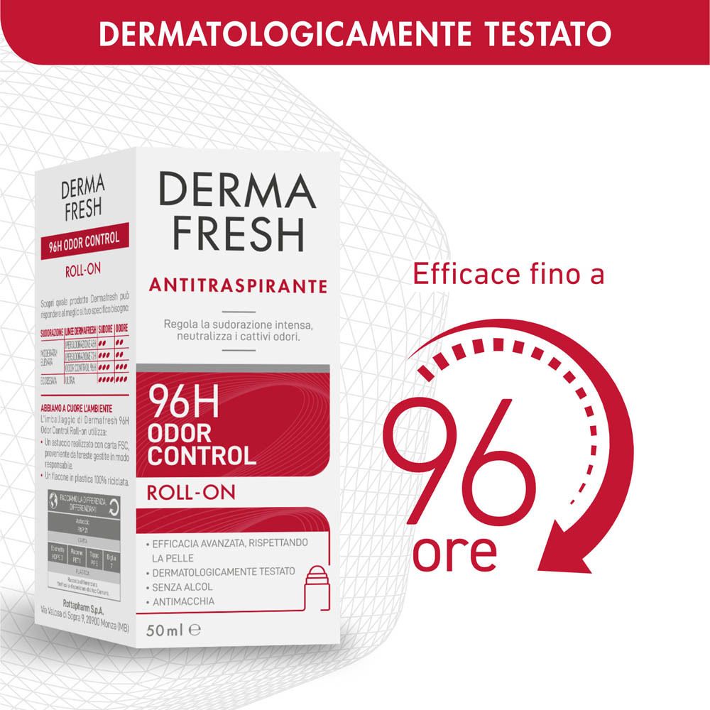Confezione con grafica rossa. Testo: Dermatologicamente testato. Efficace fino a 96 ore.
