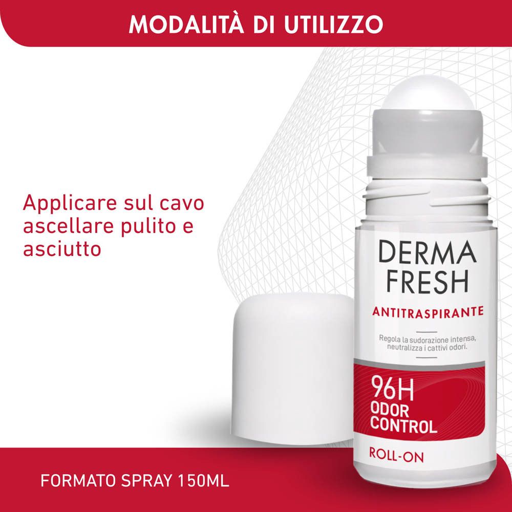 Deodorante roll-on e tappo aperto. Testo: Applicare su ascella pulita e asciutta.