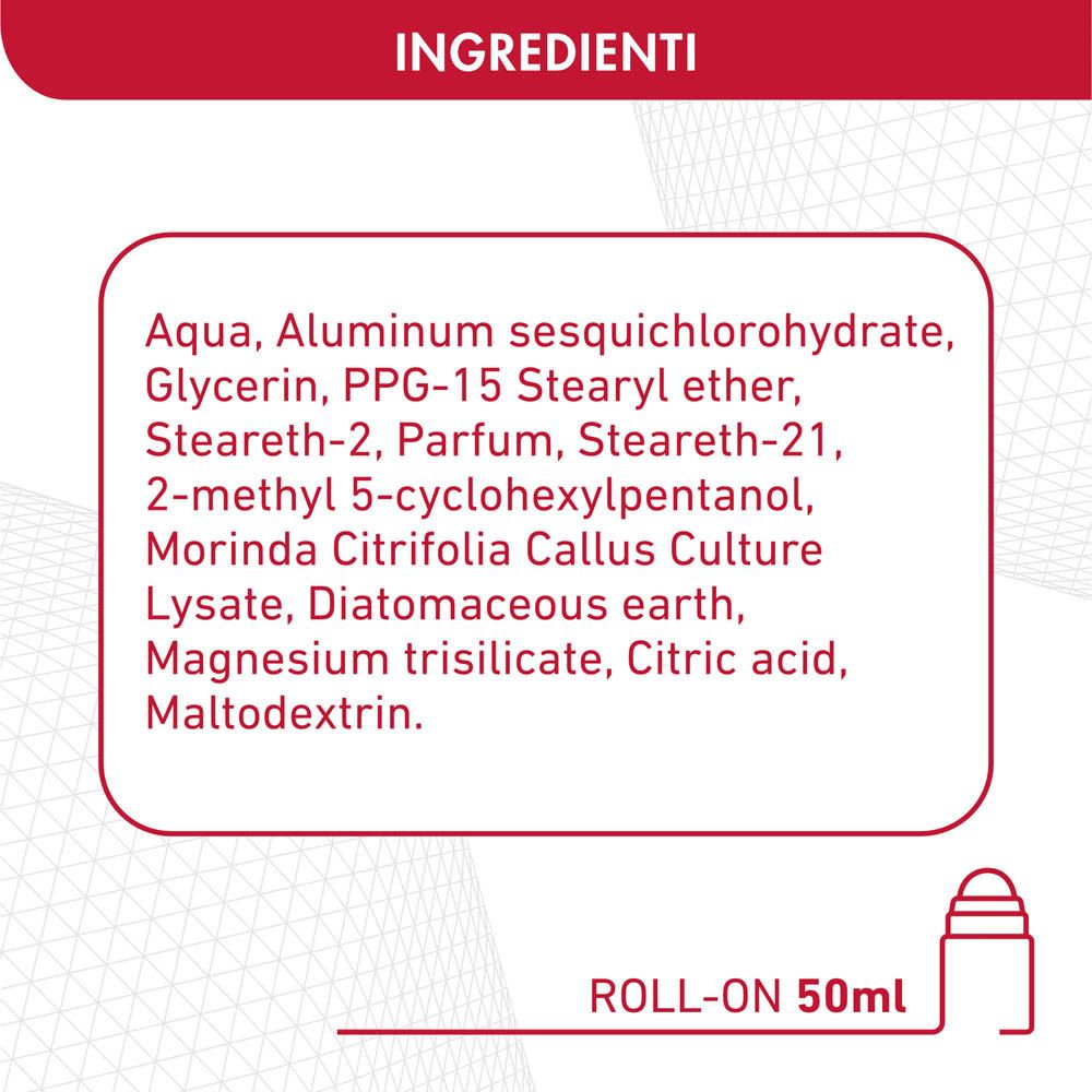 Elenco degli ingredienti. Testo: Aqua, sesquicloridrato di alluminio, glicerina, ecc. Roll-on 50ml.