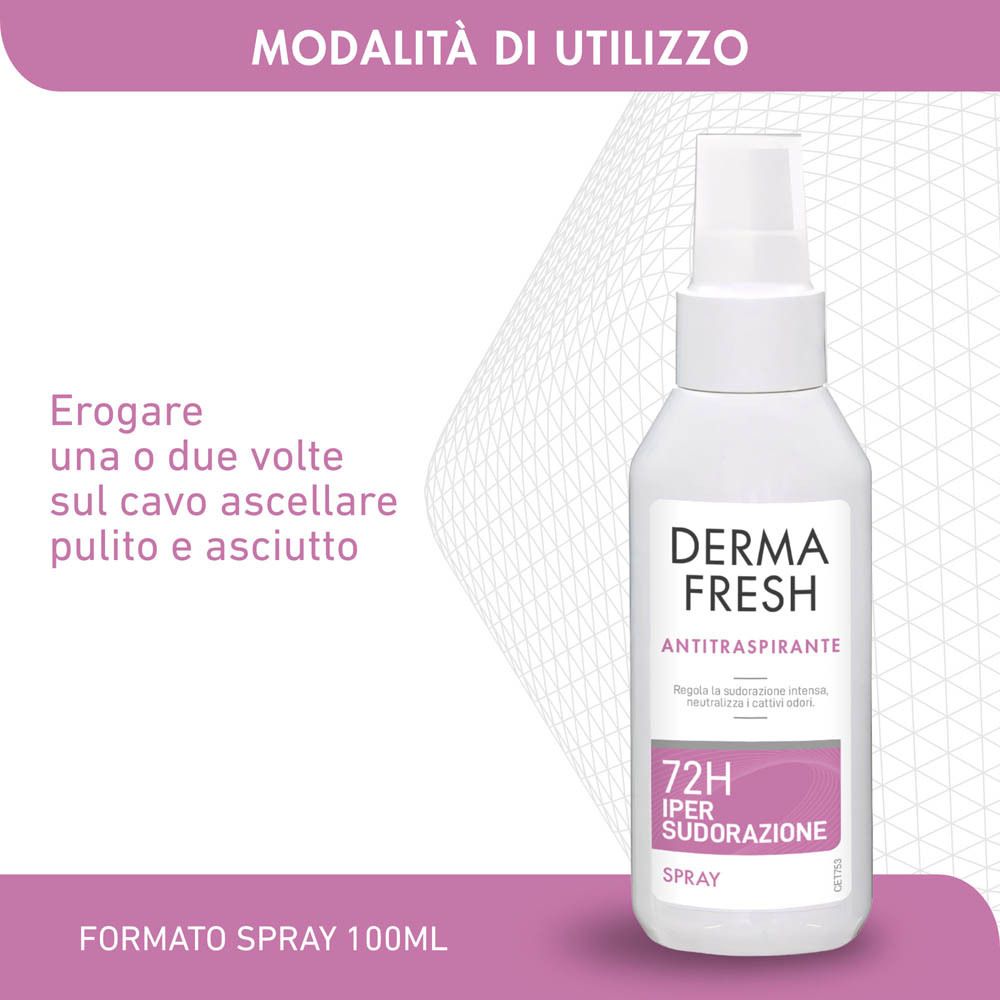 Spray bianco. Marca: Dermafresh. Testo: Antitraspirante, 72H Ipersudorazione Spray. Modalità d'uso: 1-2 spruzzi.