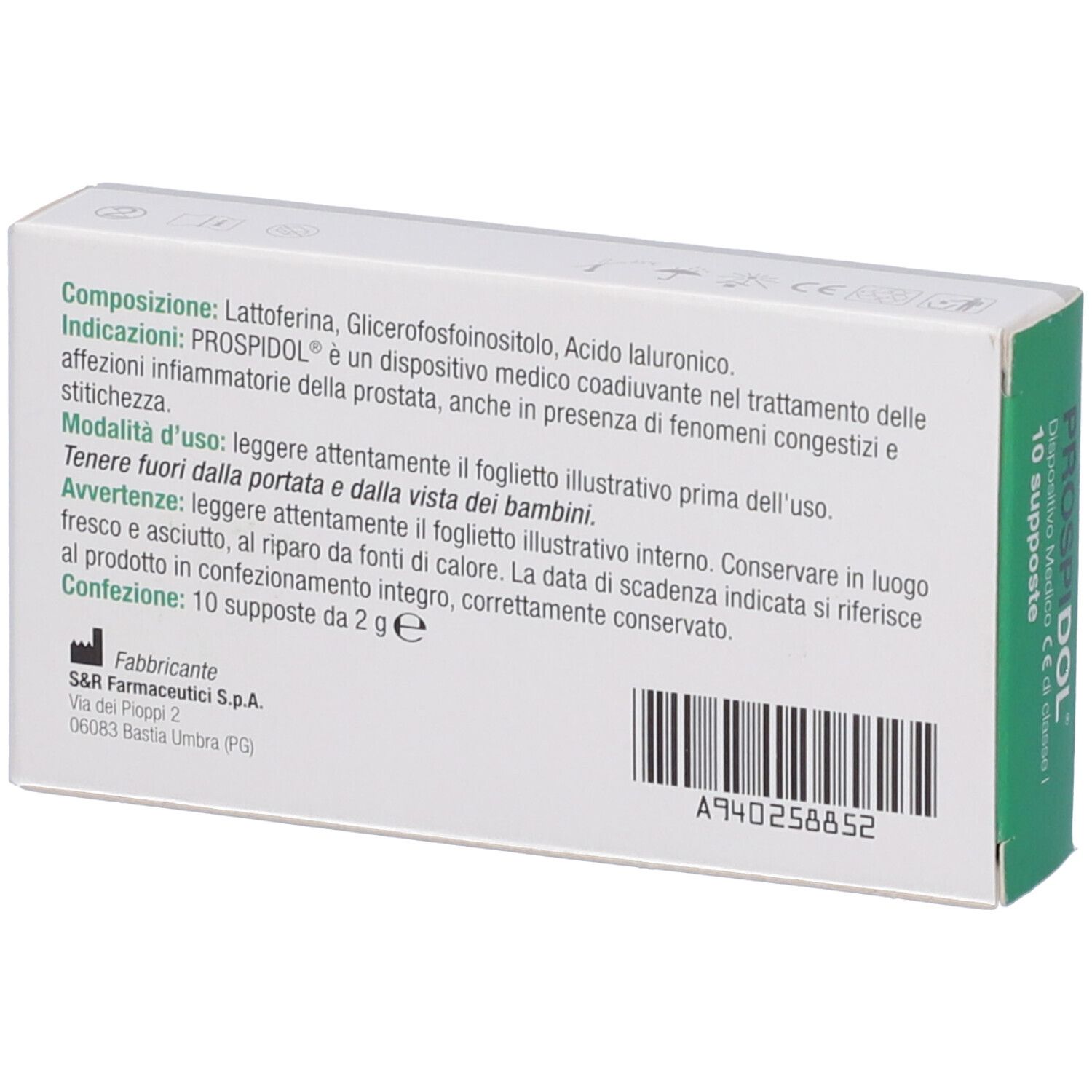 Confezione di 'PROSPIDOL', dispositivo medico, vista laterale.