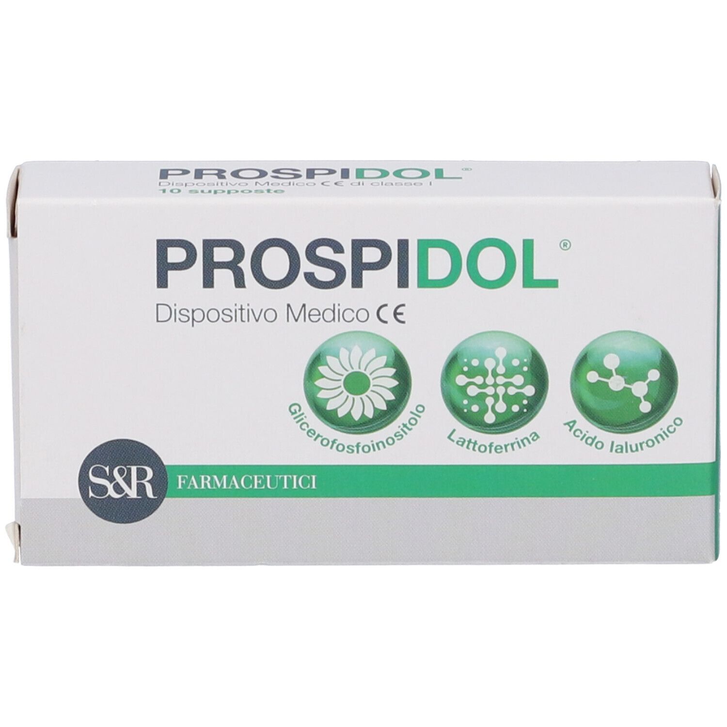 Confezione di 'PROSPIDOL', dispositivo medico, vista frontale con dettagli.