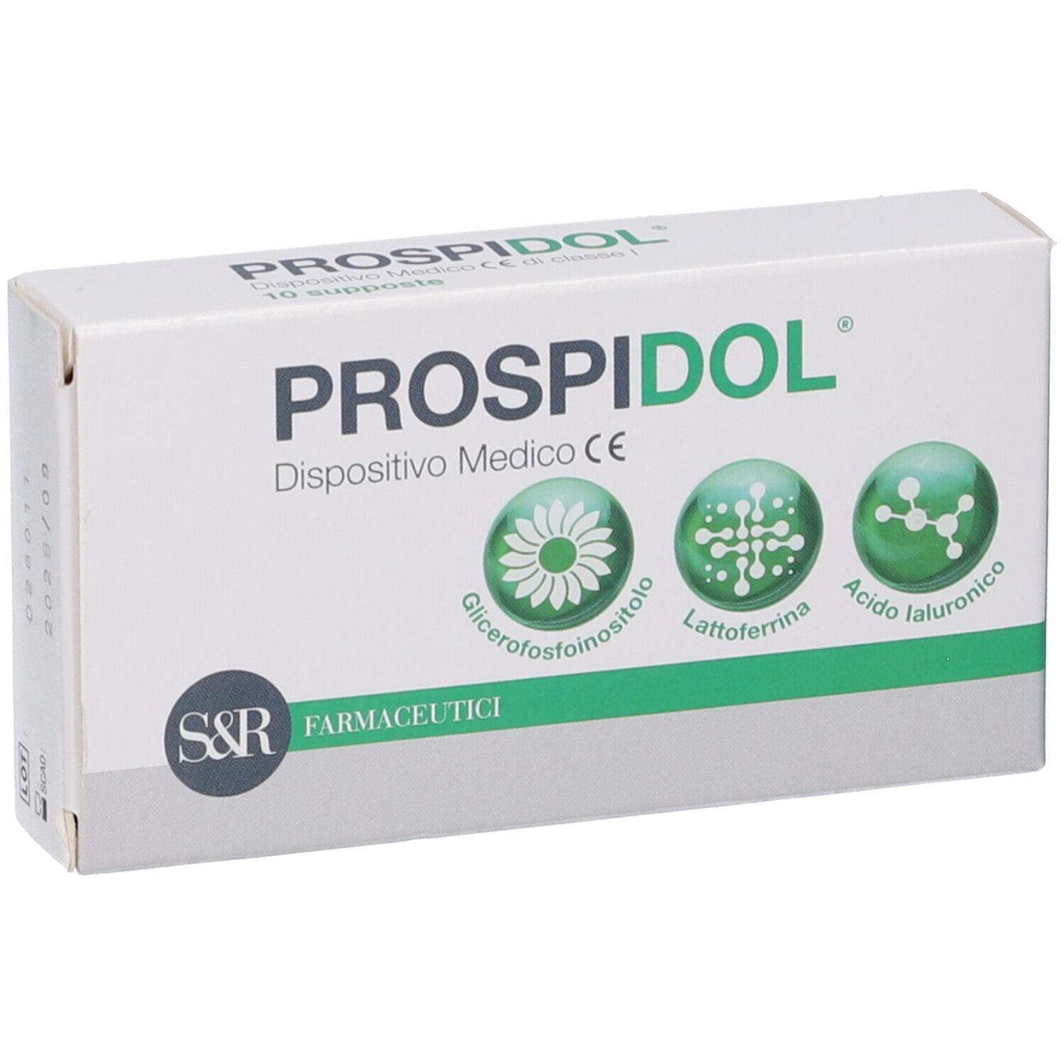 Confezione del dispositivo medico PROSPIDOL con rappresentazioni di Glicerofosfoinositolo, Lattoferrina e Acido Ialuronico.