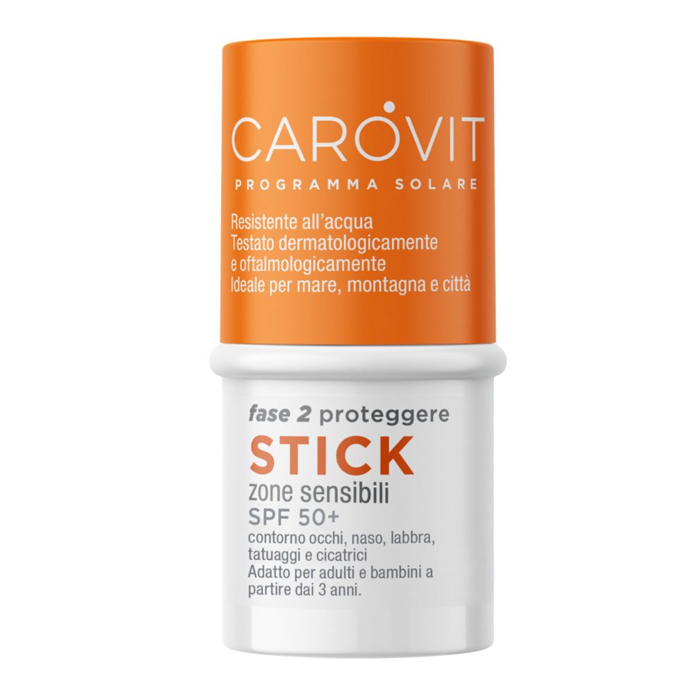 Carovit Stick SPF 50+. Confezione arancione e bianca. Per zone sensibili. Testato dermatologicamente.
