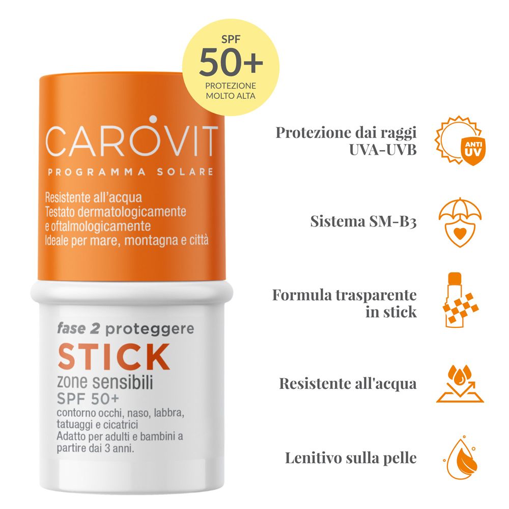 Carovit Stick SPF 50+. Stick solare. Confezione arancione e bianca. Resistente all'acqua. Zone sensibili.