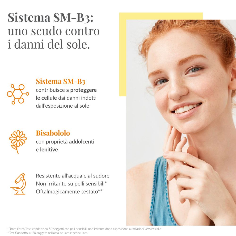 Donna dai capelli rossi. Testo sul sistema SM-B3, protezione dai danni solari. Illustrazioni ingredienti.