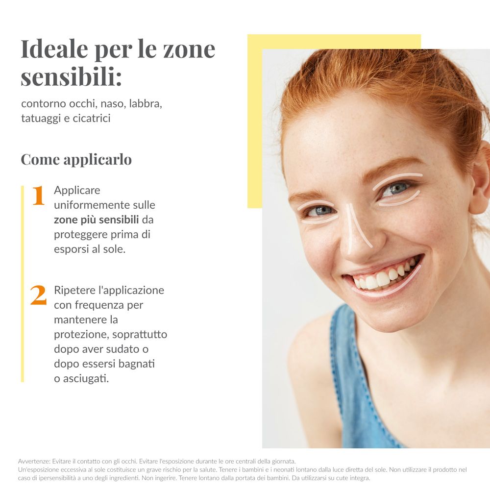 Donna dai capelli rossi. Istruzioni per zone sensibili. Passaggi 1 e 2. Protezione solare.