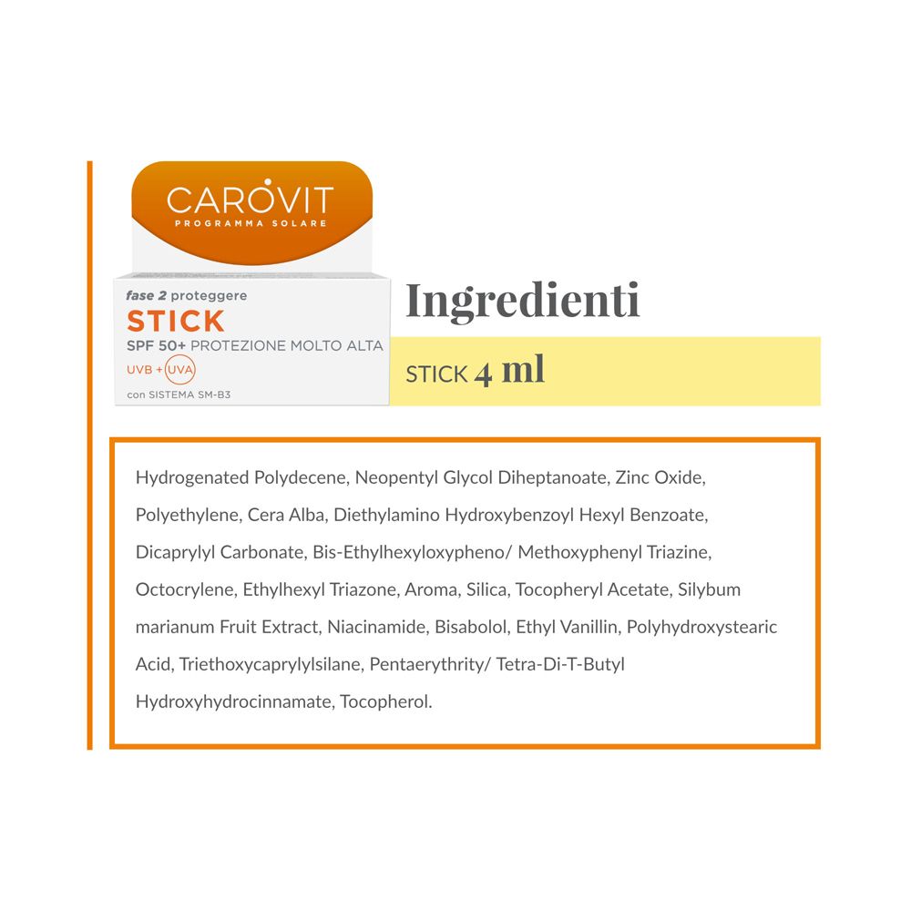Carovit Stick SPF 50+ Ingredienti. 4 ml. Elenco ingredienti. Sfondo bianco.