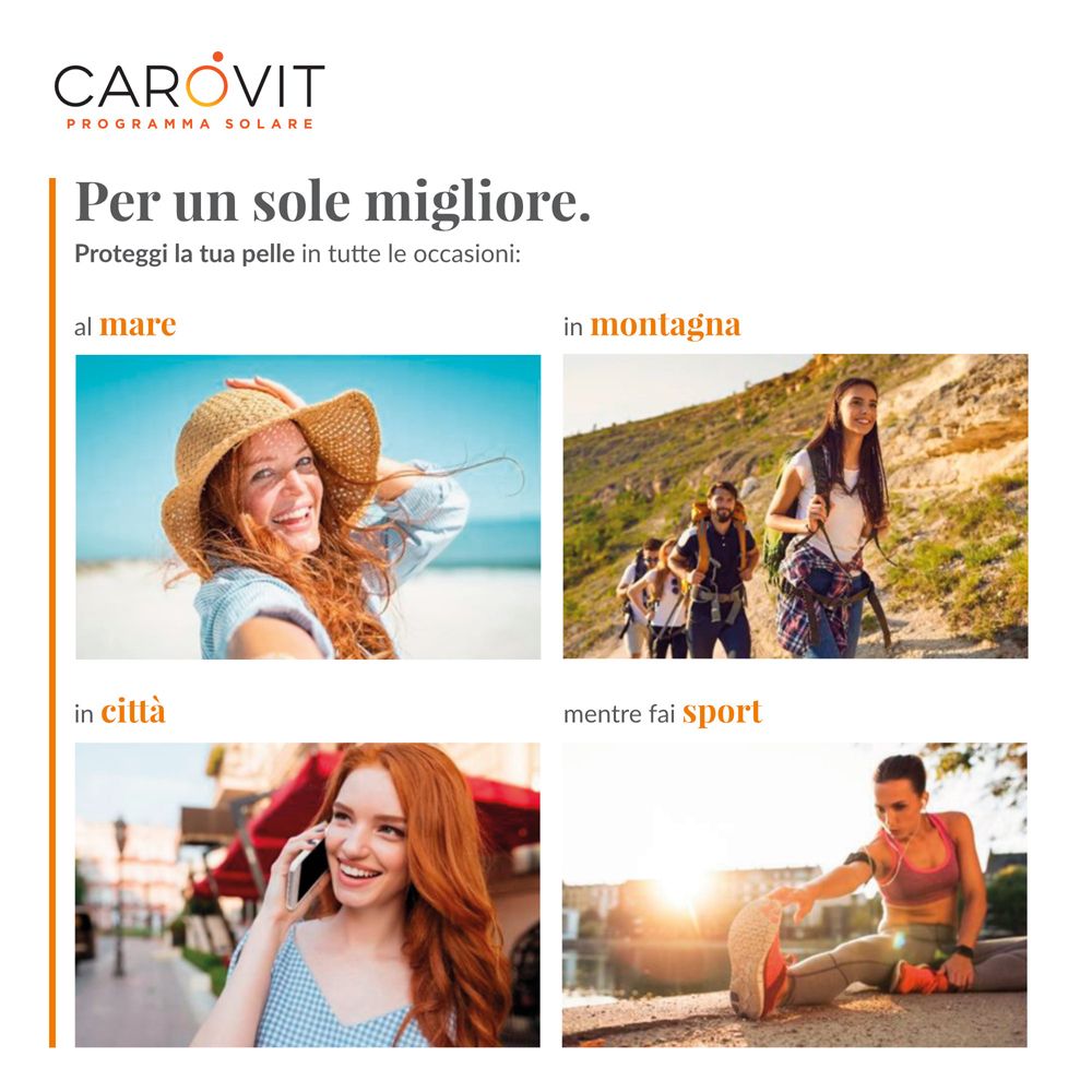 Donna in spiaggia, montagna, città e sport. Protezione solare Carovit per ogni occasione.