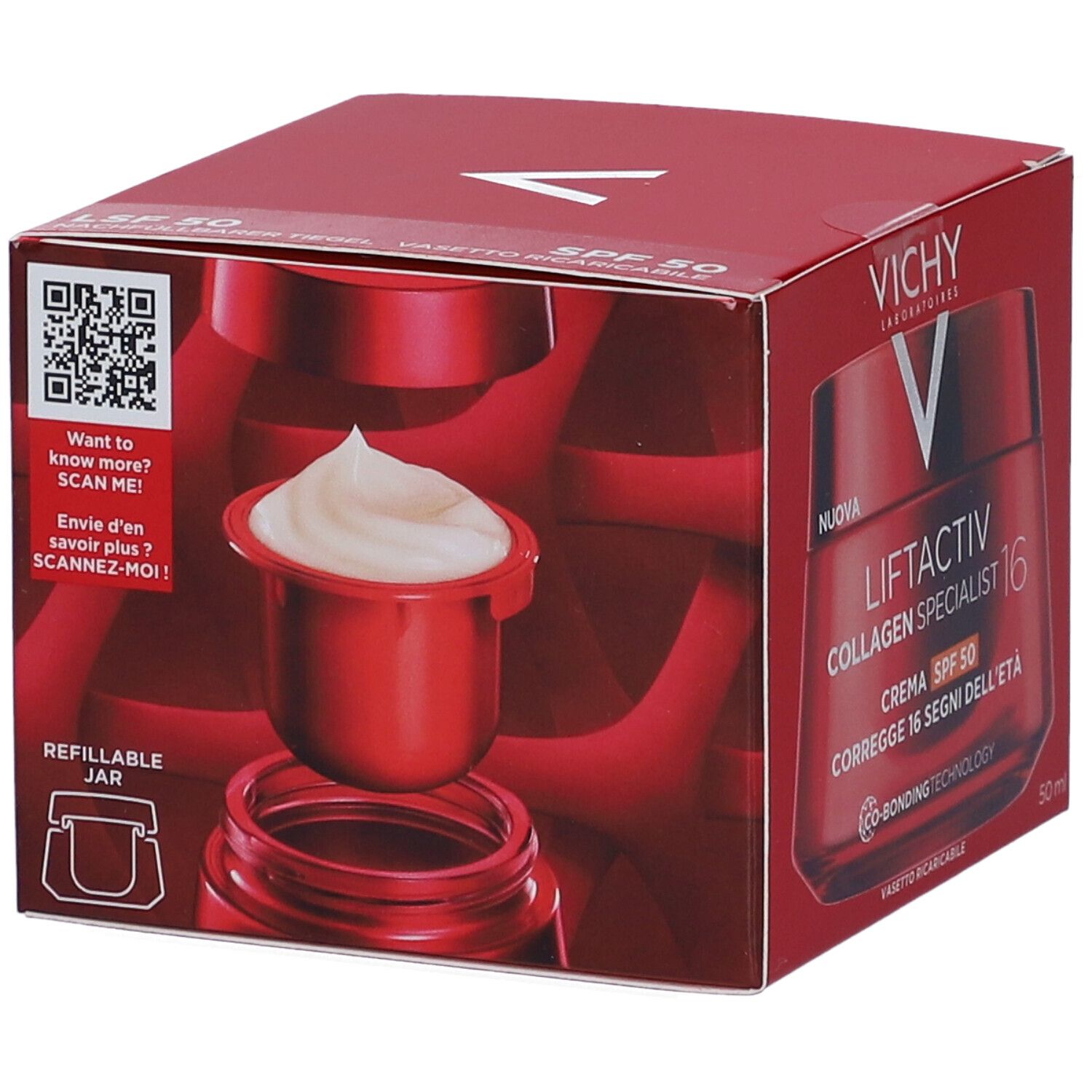 Confezione rossa con crema e ricarica. Scritta: Vichy Liftactiv Collagen Specialist 16 SPF50. Codice QR.