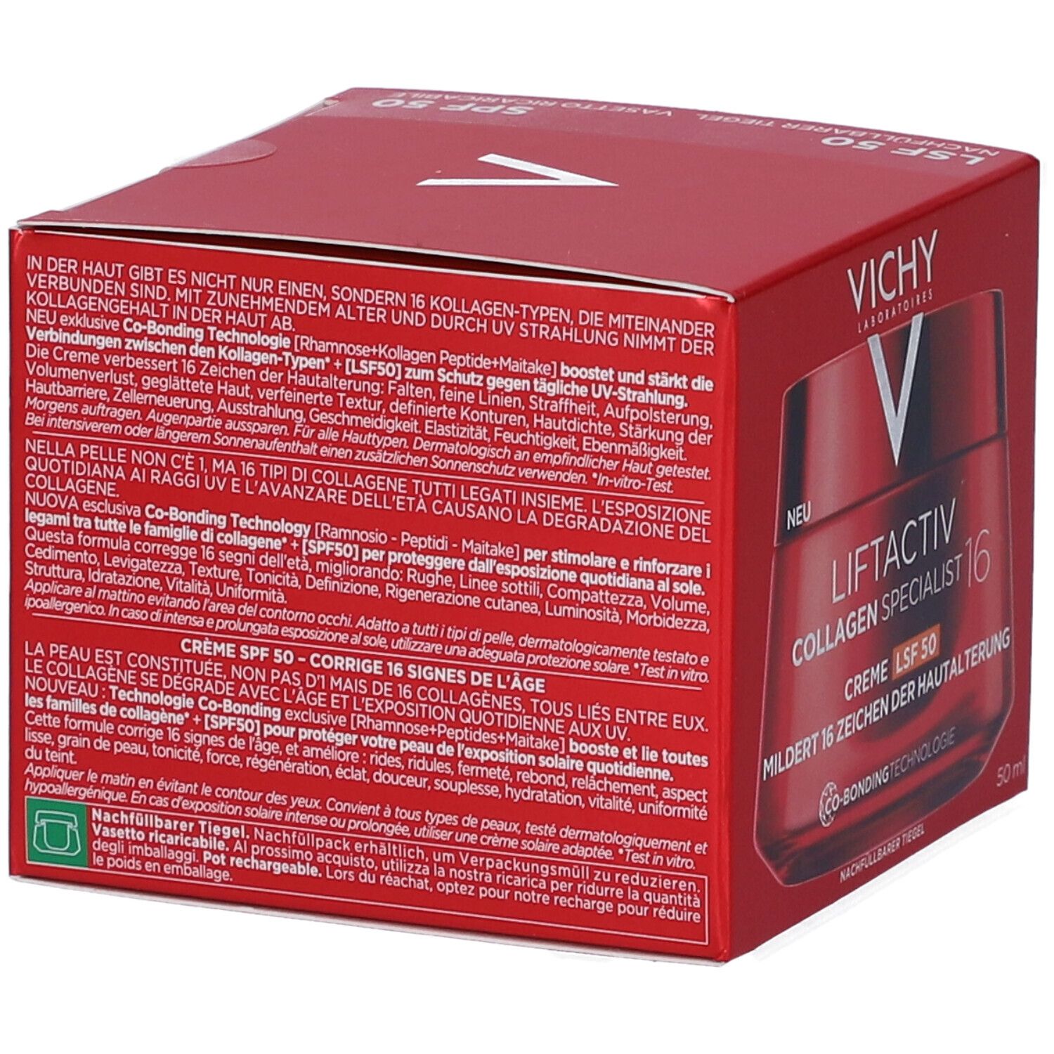 Confezione rossa con testo. Scritta: Vichy Liftactiv Collagen Specialist 16. Testo sugli ingredienti e l'uso.