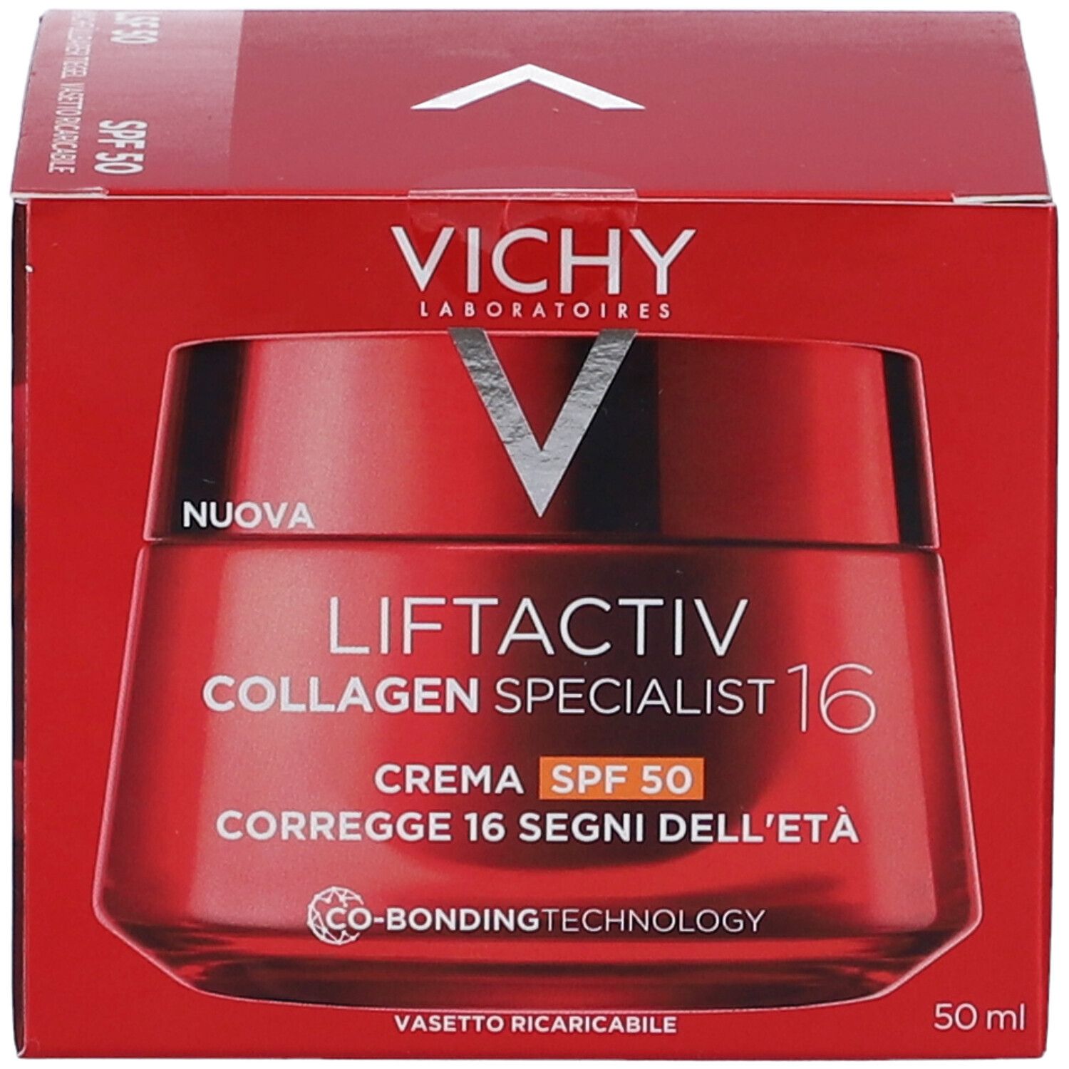 Confezione rossa con crema. Scritta: Vichy Liftactiv Collagen Specialist 16 SPF50. "Correge 16 segni dell'età".