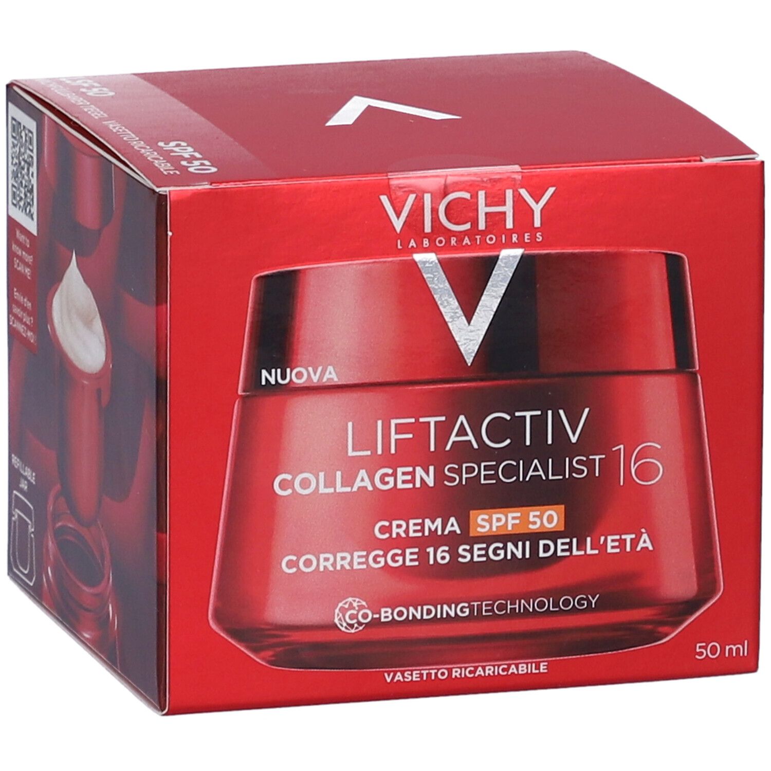Confezione rossa con crema. Scritta: Vichy Liftactiv Collagen Specialist 16 SPF50. "Correge 16 segni dell'età".