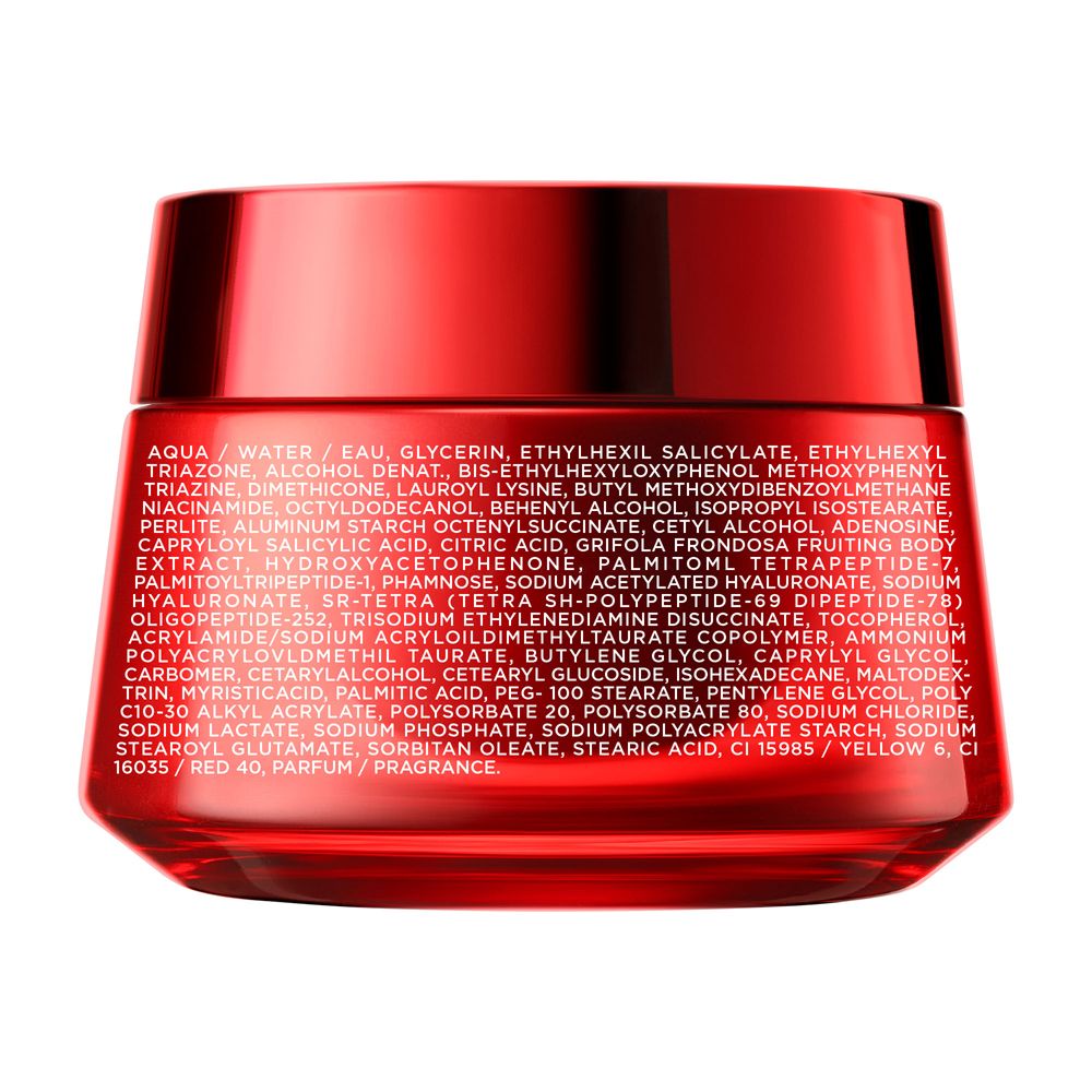 Retro del vaso di crema rossa. Ingredienti: Aqua, Glicerina, Ethylhexyl Salicylate, ecc. Vichy Liftactiv Collagen Specialist 16.