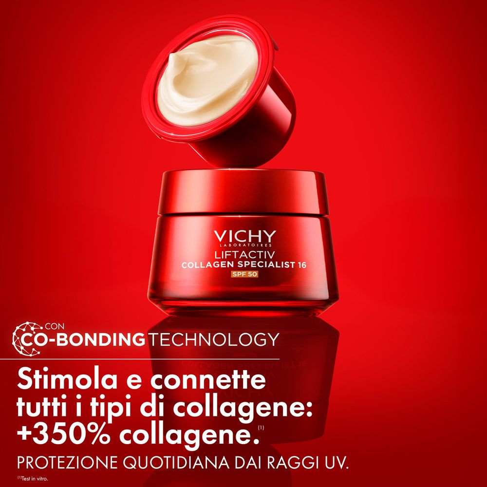 Vaso di crema rosso con crema bianca e sfondo rosso. Vichy Liftactiv Collagen Specialist 16. Co-Bonding Technology.
