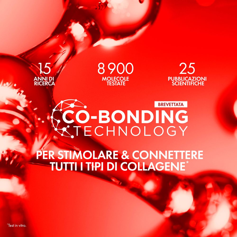 Sfondo rosso con molecole e testo. Co-Bonding Technology. 15 anni di ricerca, 8900 molecole testate.