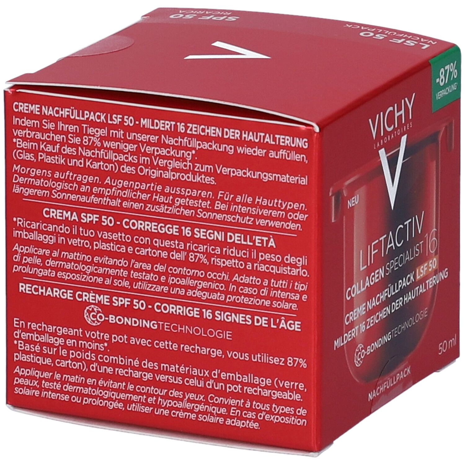 Retro della scatola rossa. Testo in tedesco, italiano e francese. Scritta: Vichy Liftactiv Collagen Specialist.
