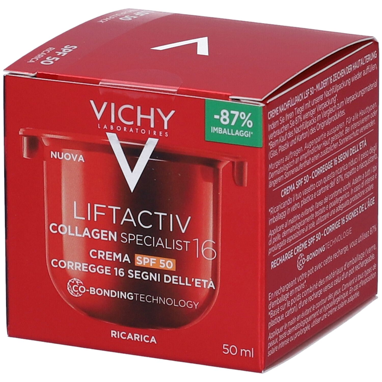 Scatola rossa con prodotto. Scritta: Vichy Liftactiv Collagen Specialist 16 SPF50. Ricarica. Testo in italiano.