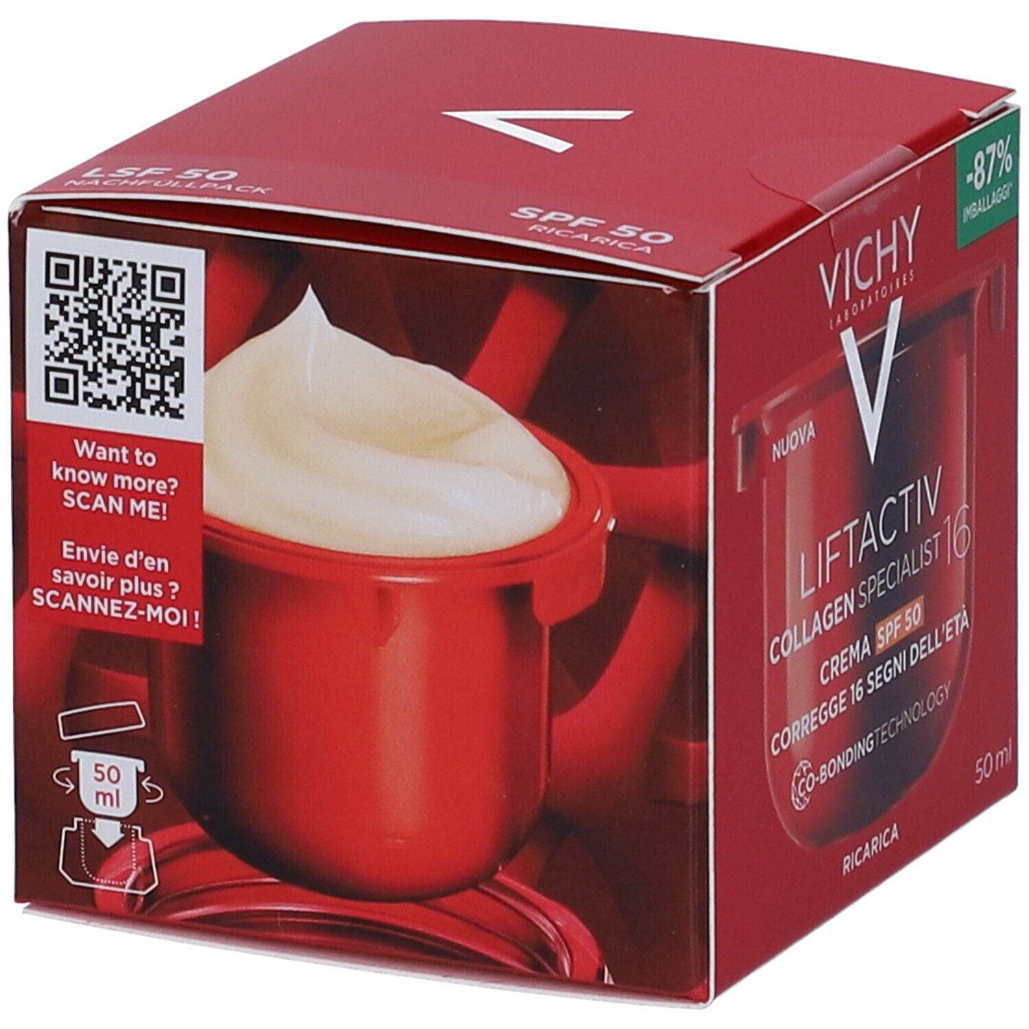 Confezione: Vichy Liftactiv Collagen Specialist 16 Crema Nachfüllpackung LSF 50. Codice QR.