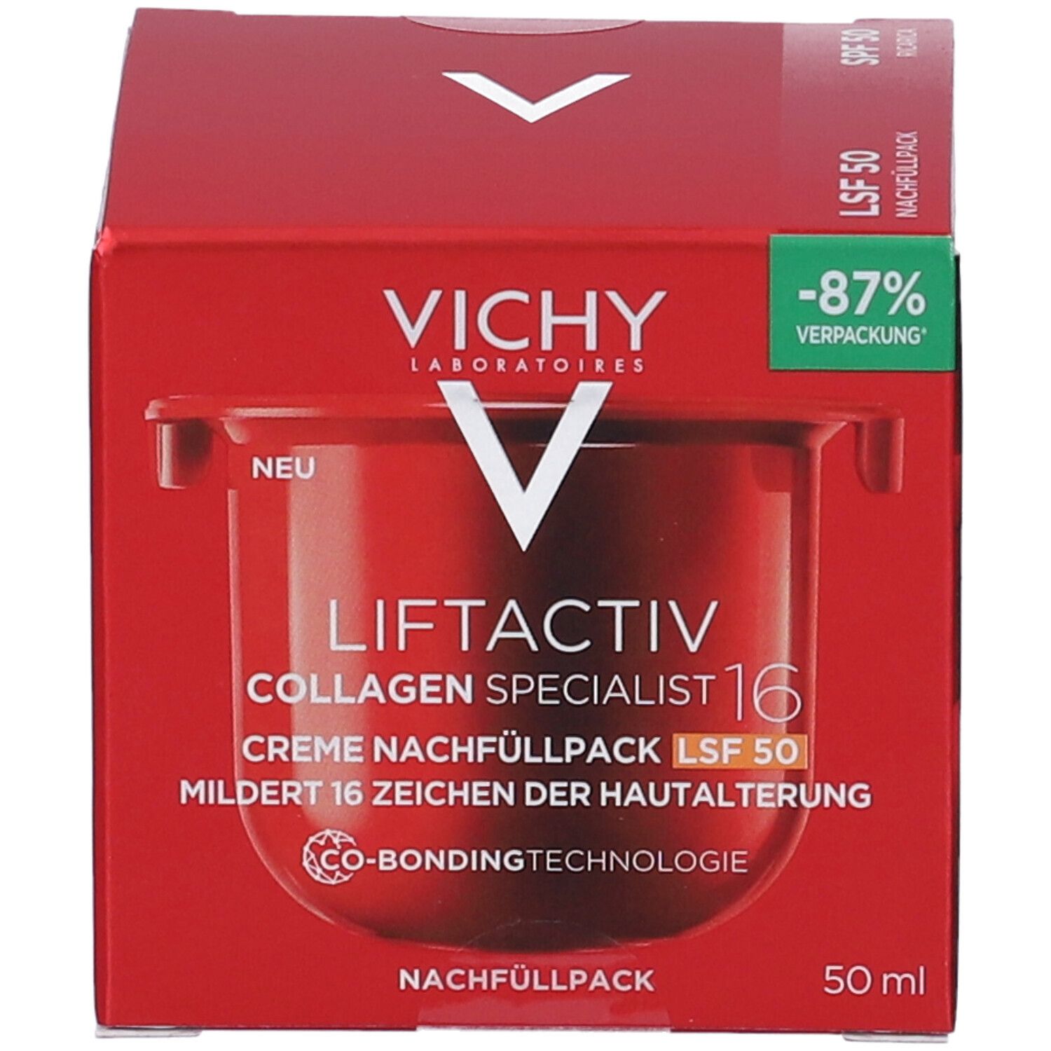 Scatola rossa con prodotto. Scritta: Vichy Liftactiv Collagen Specialist 16 SPF50. Ricarica. Testo in tedesco.