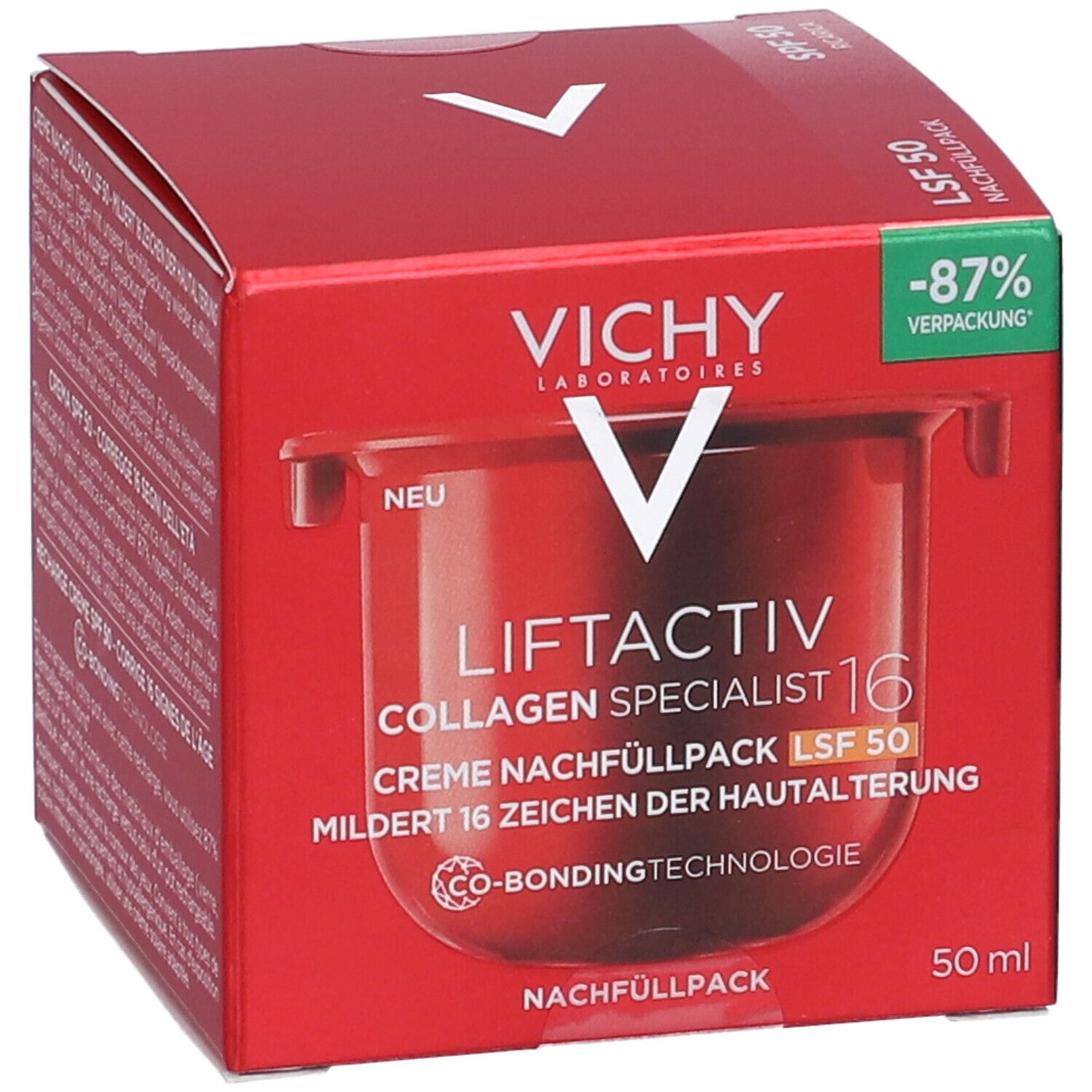 Scatola rossa con prodotto. Scritta: Vichy Liftactiv Collagen Specialist 16 SPF50. Ricarica. Testo in tedesco.