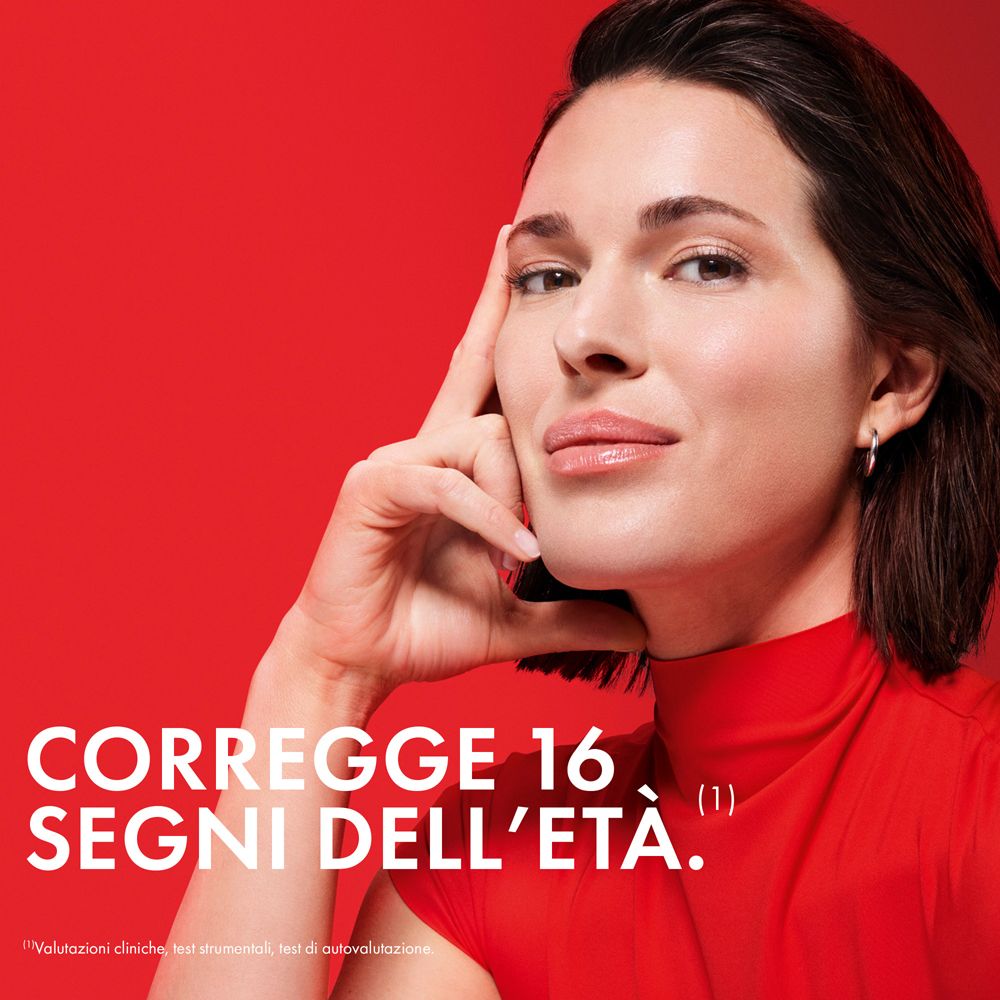 Donna con la mano sul mento. Testo: Corregge 16 segni dell'età.