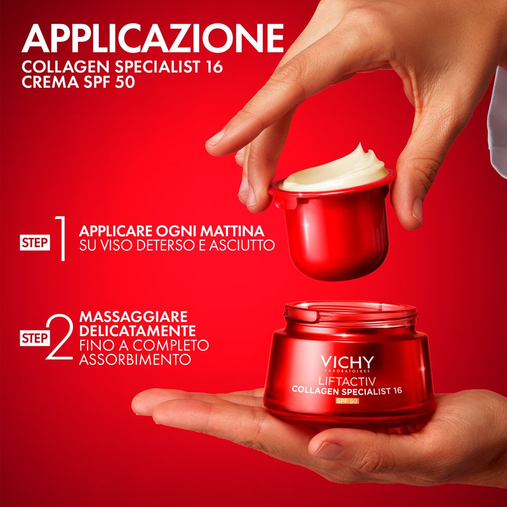 Fasi di applicazione: prelevare la crema, applicare sul viso, massaggiare. Vaso Vichy.