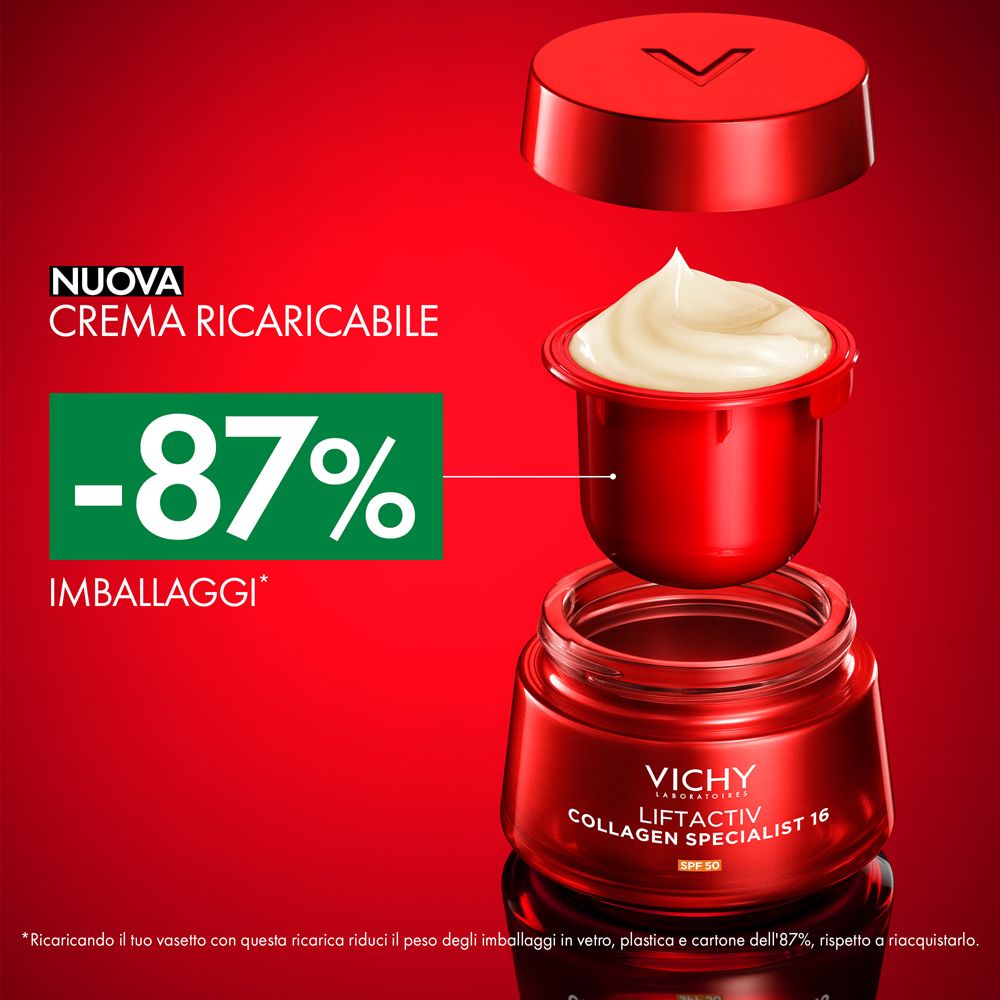 Vaso rosso con crema e scritta: Vichy Liftactiv Collagen Specialist 16 SPF30. -87% imballaggi.