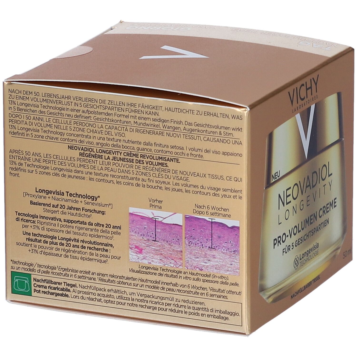 Retro della scatola. Testo sull'effetto della crema. Diagramma degli strati della pelle. Logo Vichy e scritta Neovadiol.