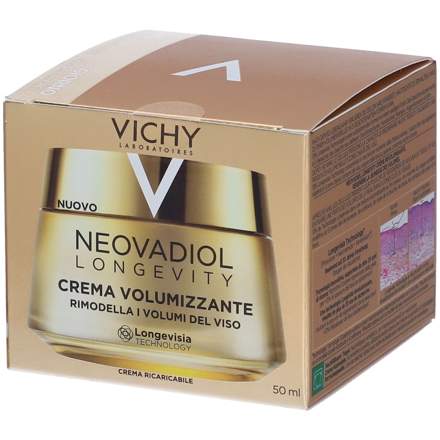 Scatola dorata con vasetto. Scritta: Vichy, Neovadiol Longevity Crema Volumizzante. 50 ml. Nuovo.