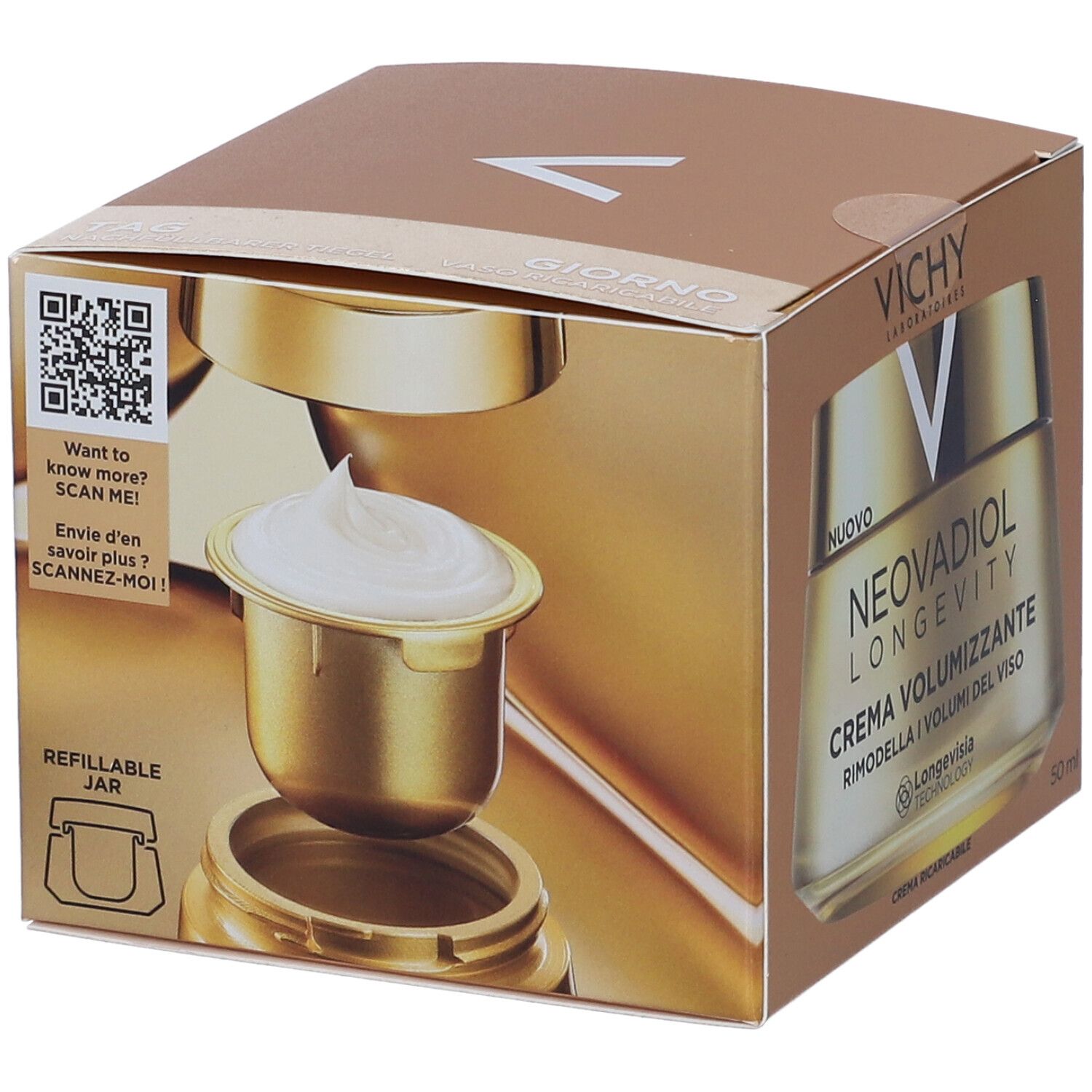 Scatola dorata con vasetto e contenitore separato. Scritta: Vichy, Neovadiol Longevity. Codice QR.