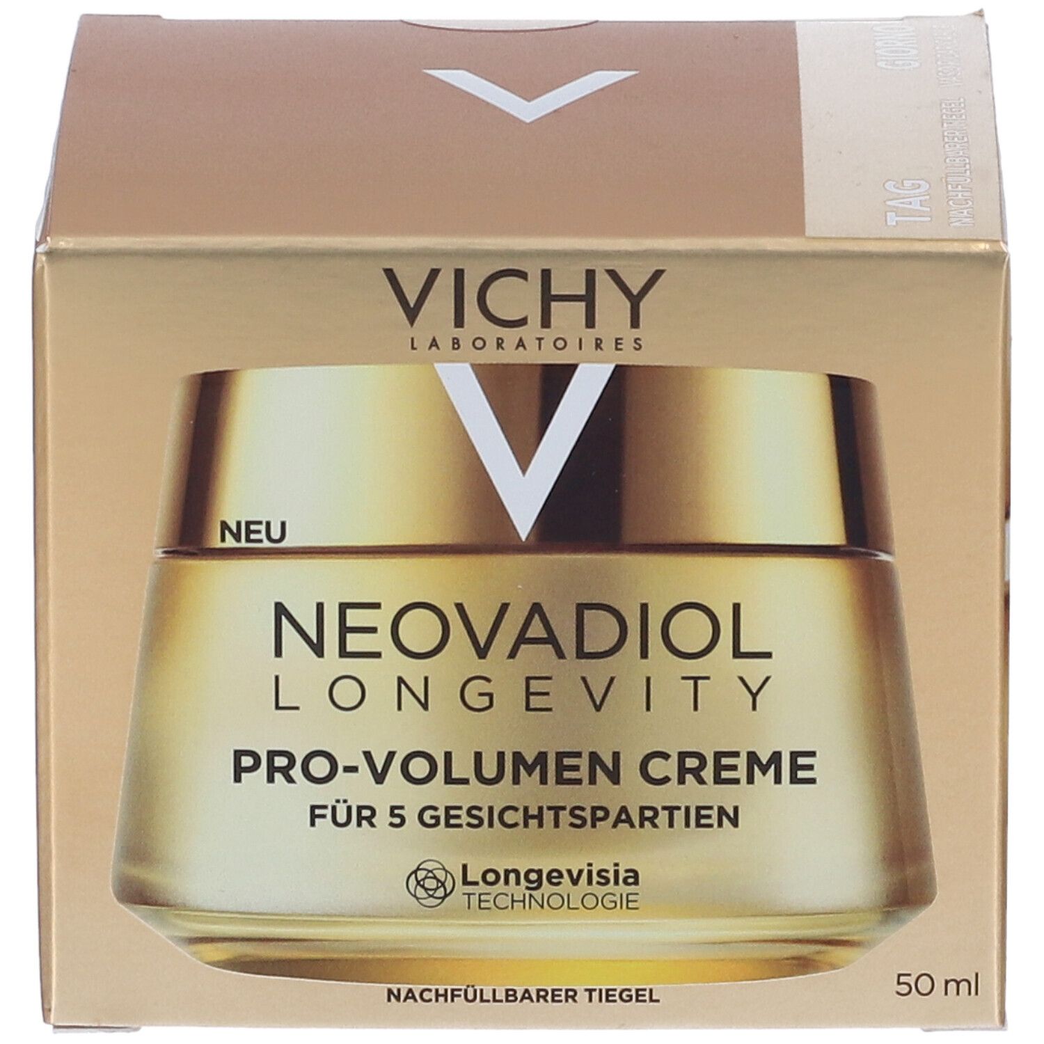 Scatola dorata con vasetto. Scritta: Vichy, Neovadiol Longevity Pro-Volume Crema. 50 ml. Vasetto ricaricabile.