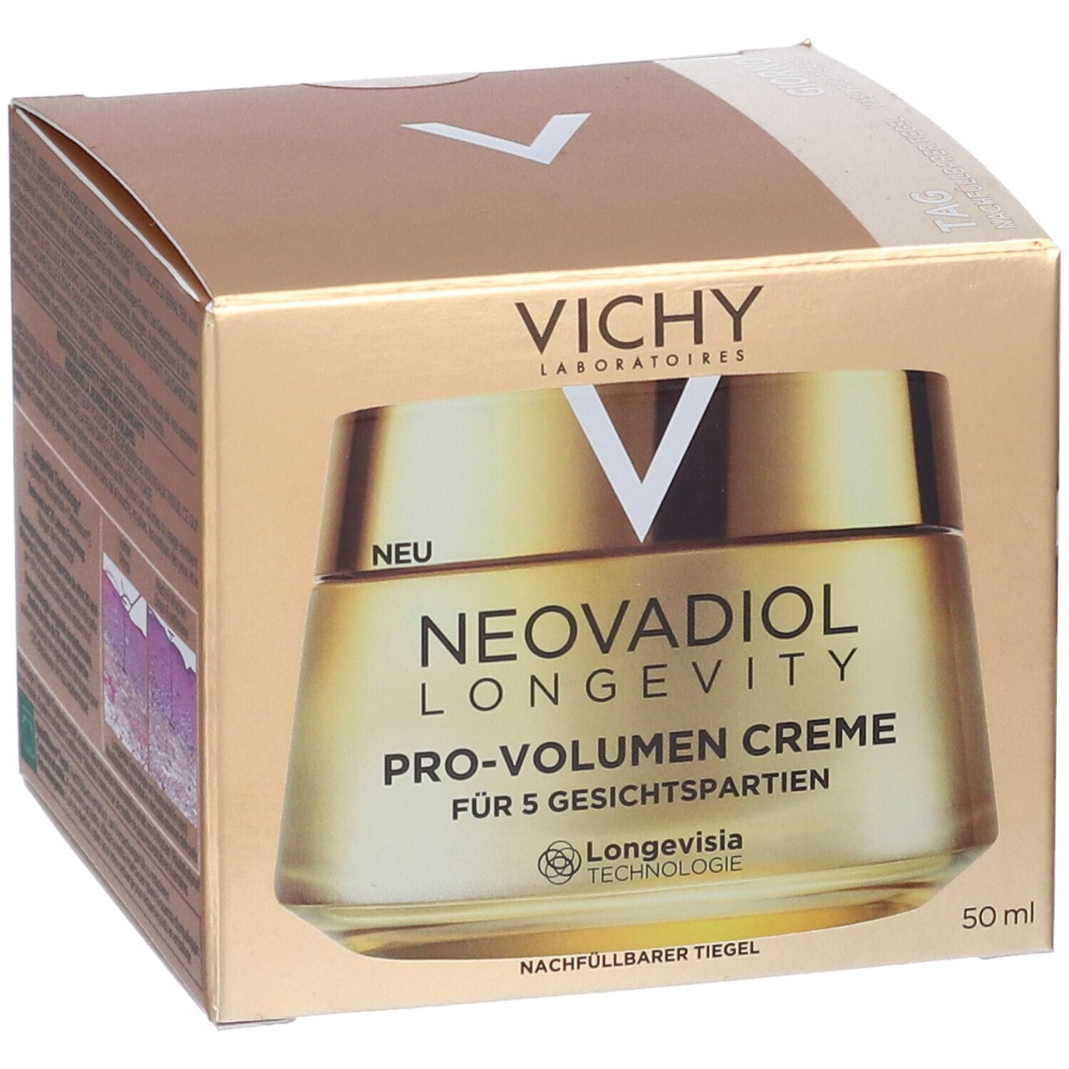 Scatola dorata con vasetto. Scritta: Vichy, Neovadiol Longevity Pro-Volume Crema. 50 ml. Vasetto ricaricabile.