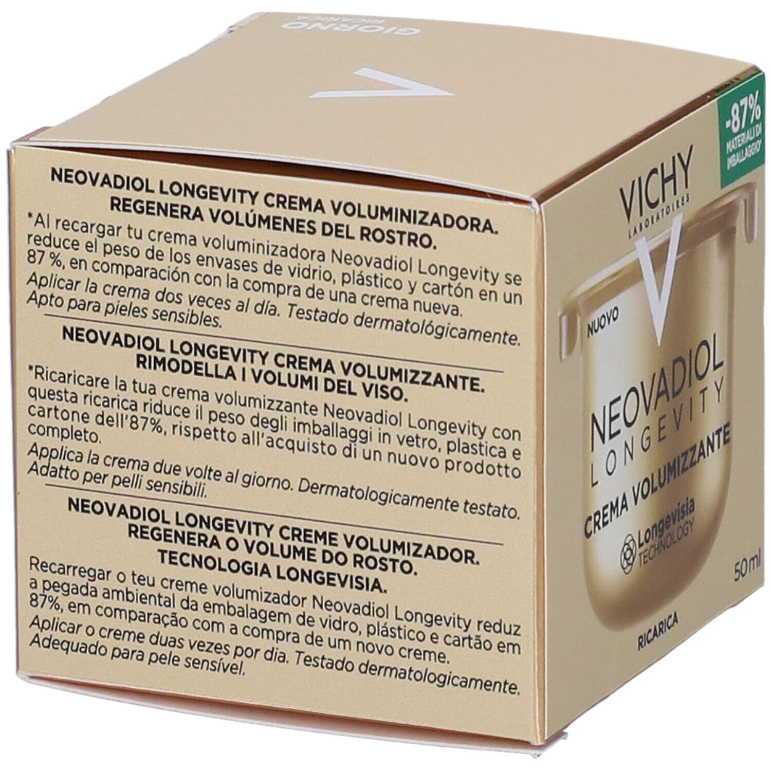 Scatola dorata con testo. Scritta: Neovadiol Longevity Crema Volumizzante. Testo in tedesco, italiano, olandese e francese. 50ml.