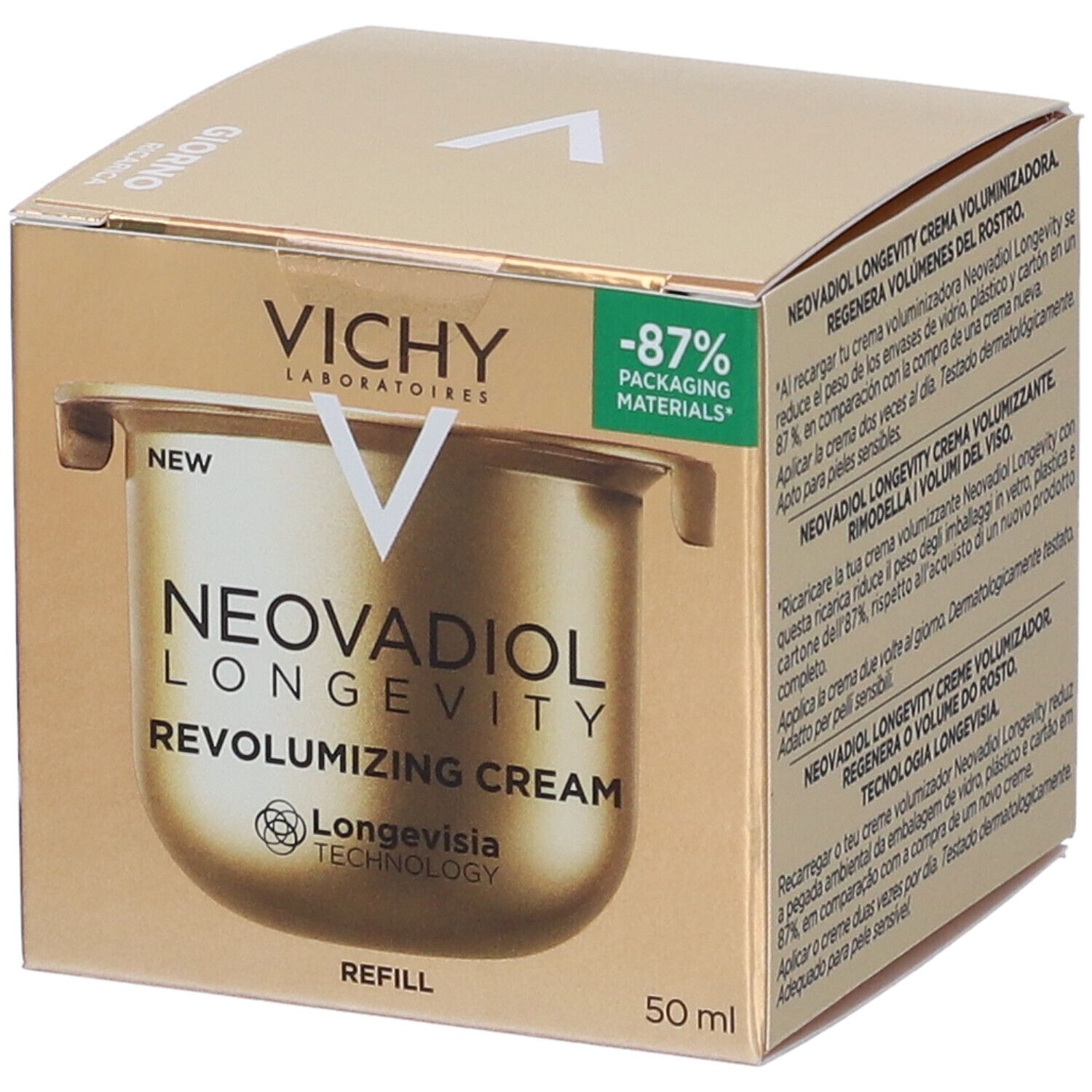 Scatola dorata con immagine del prodotto. Scritta: Vichy, Neovadiol Longevity Revolumizing Cream, 50ml. -87% Packaging Materials.