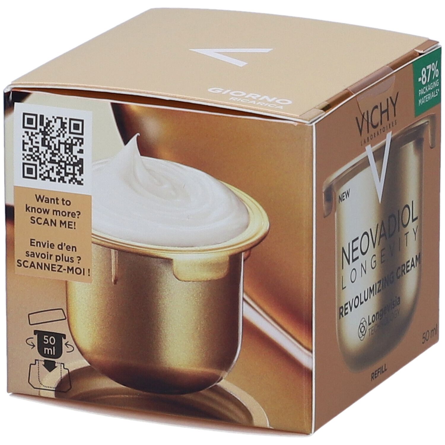 Scatola dorata con immagine del prodotto. Scritta: Vichy, Neovadiol Revolumizing Cream, 50ml. Codice QR. Testo: Scansionami!