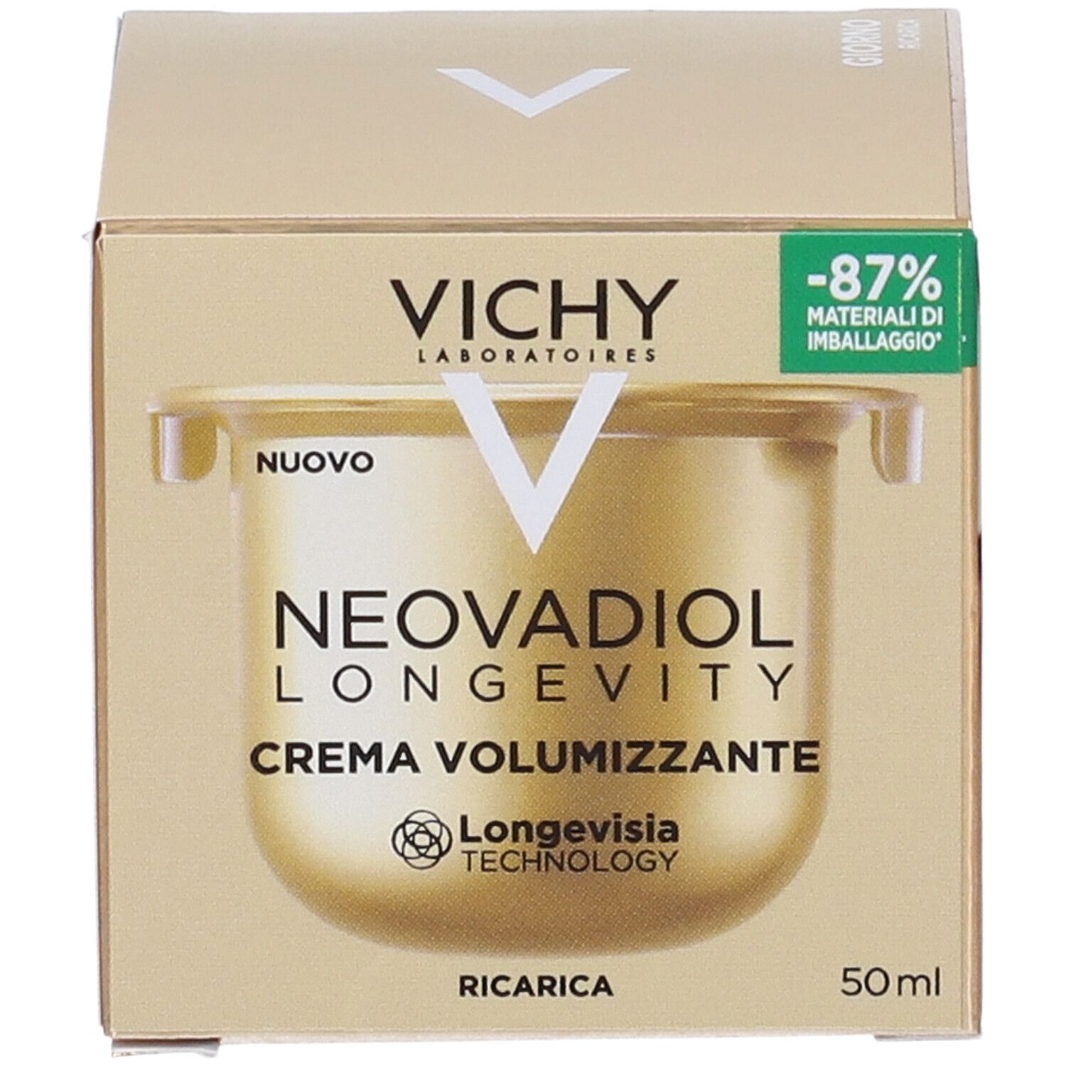 Scatola dorata con immagine del prodotto. Scritta: Vichy, Neovadiol Longevity Crema Volumizzante, 50ml. -87% Materiali di imballaggio.