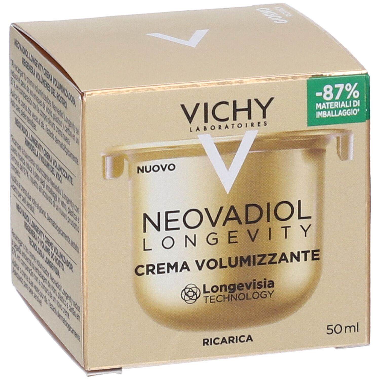 Scatola dorata con immagine del prodotto. Scritta: Vichy, Neovadiol Longevity Crema Volumizzante, 50ml. -87% Materiali di imballaggio.