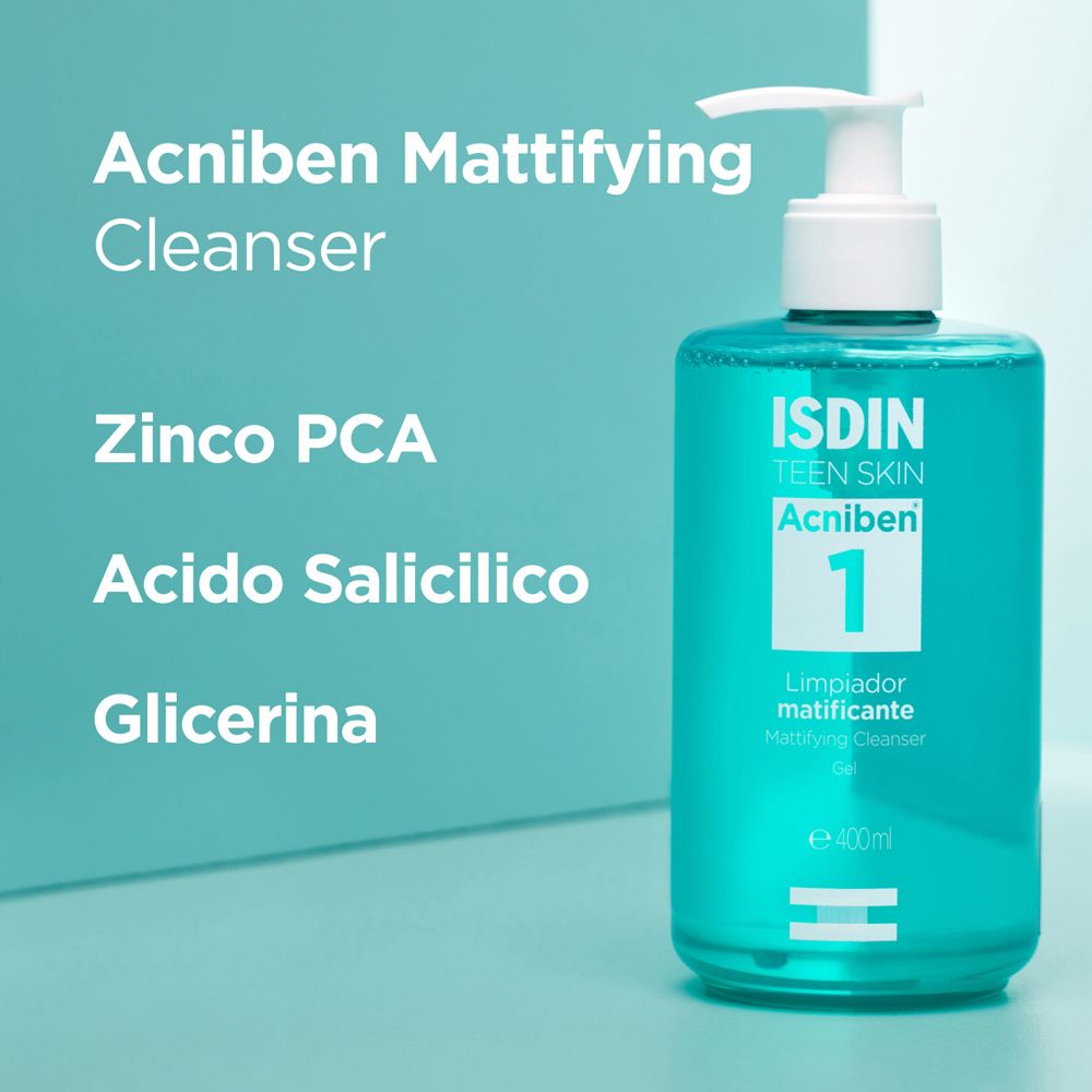 Testo su sfondo turchese. Ingredienti: Zinco PCA, Acido salicilico, Glicerina. Scritta: ISDIN Teen Skin Acniben.