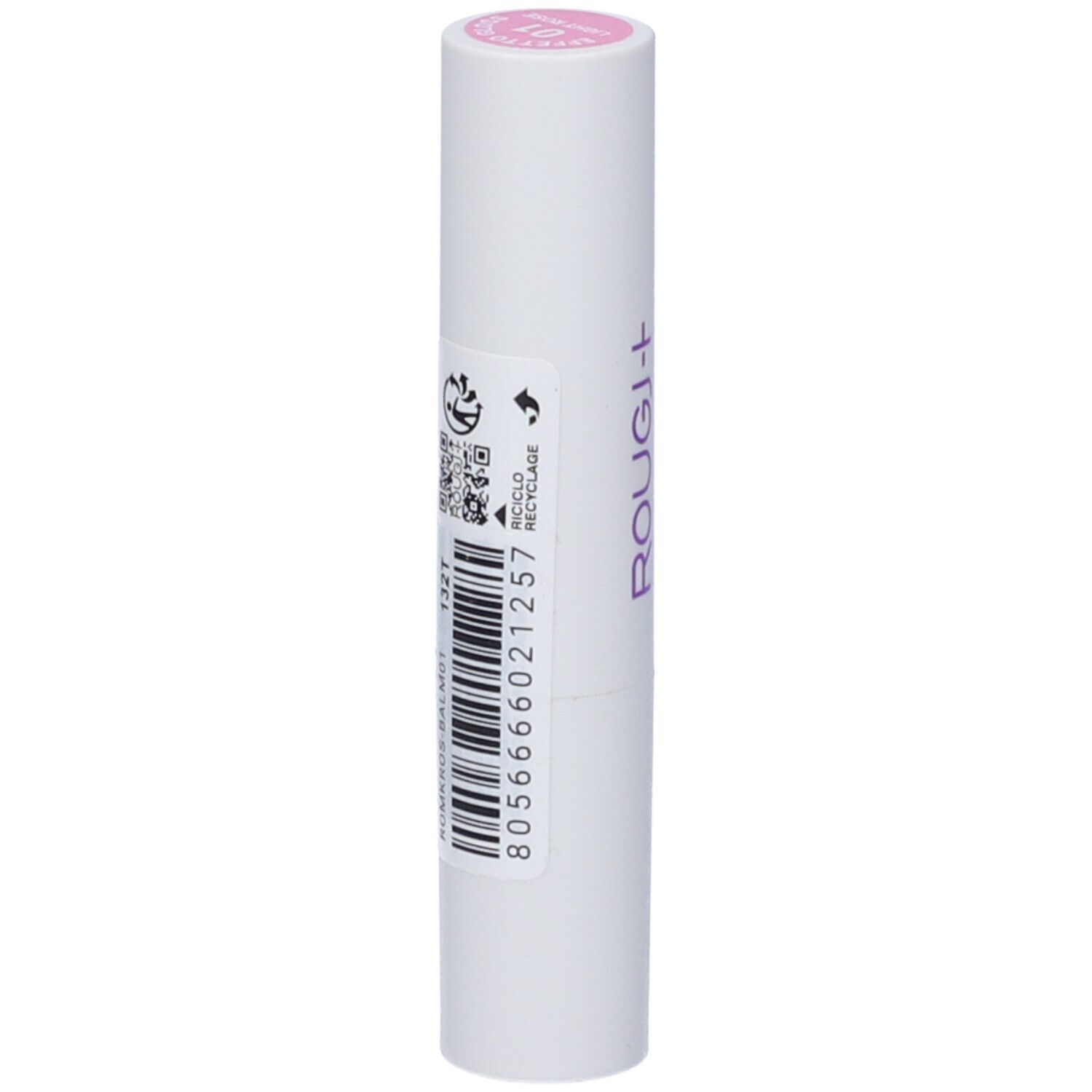 Rossetto bianco con codice a barre e QR code. Scritta: ROUGJ+, Rossetto Idratante Effetto Gloss.