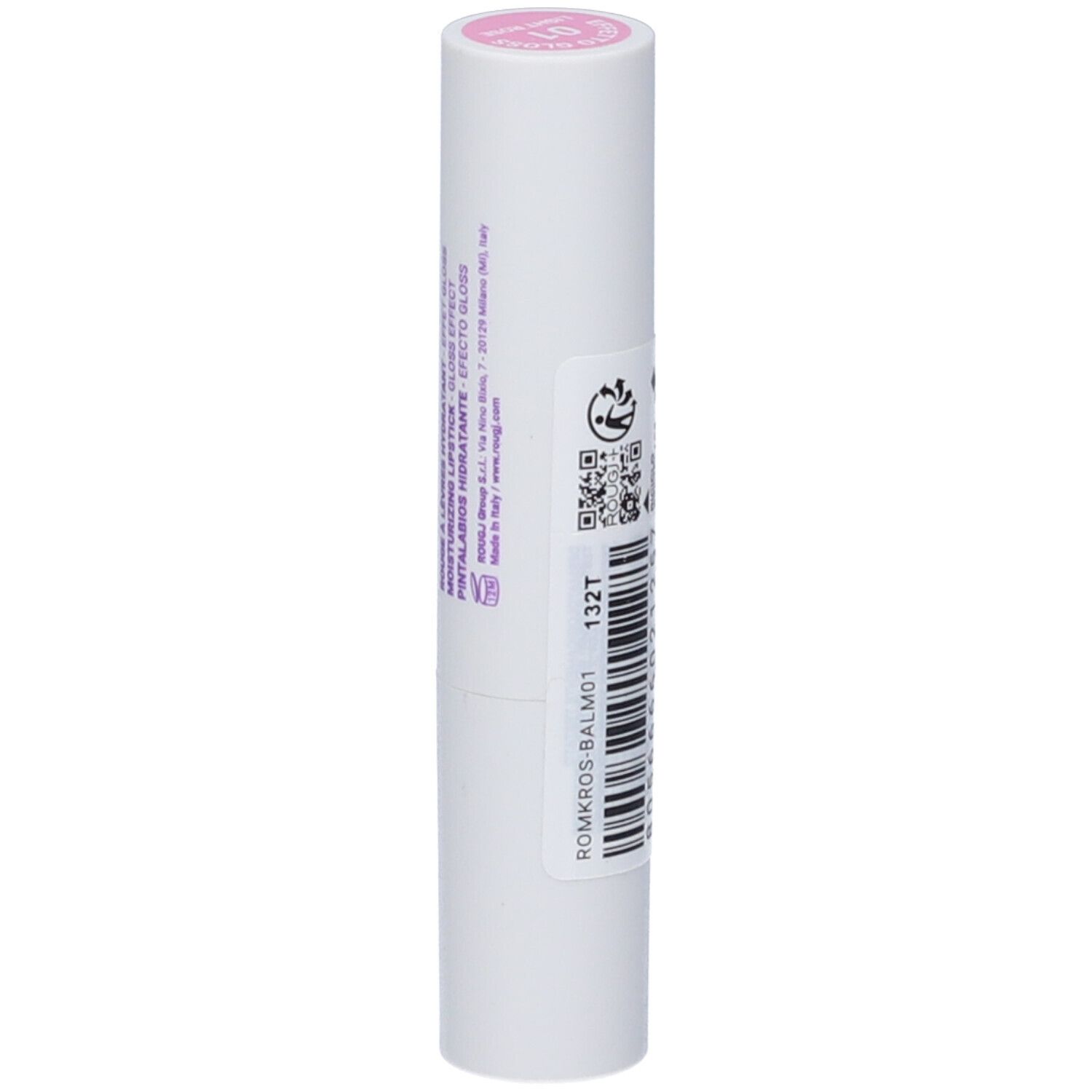 Rossetto bianco con codice a barre e QR code. Scritta: ROUGJ+, Rossetto Idratante Effetto Gloss.